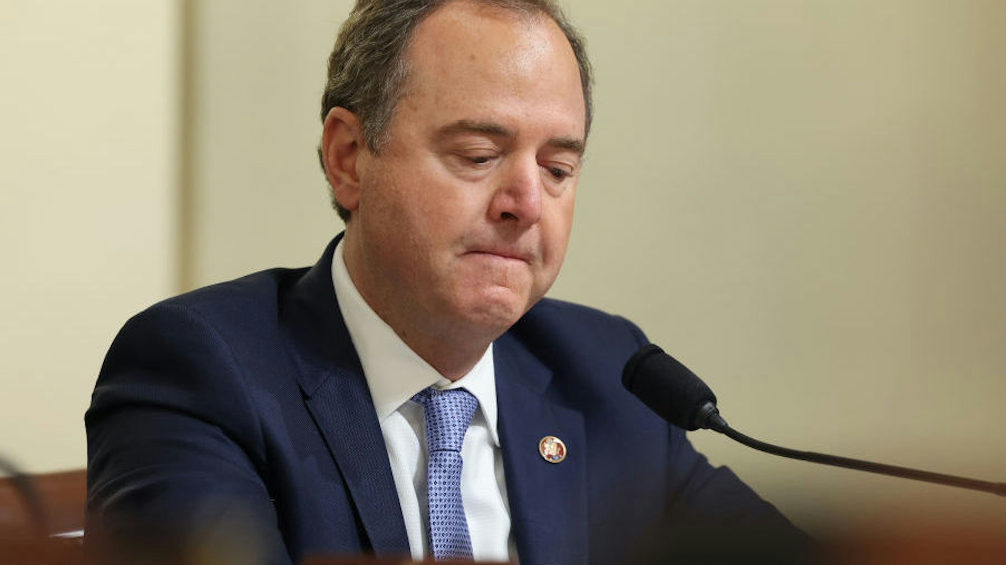Rep. Adam Schiff (D-CA) gets emotional as he speaks during the House Select Committee hearing investigating the January 6 attack on US Capitol on July 27, 2021 at the U.S. Capitol in Washington, DC.