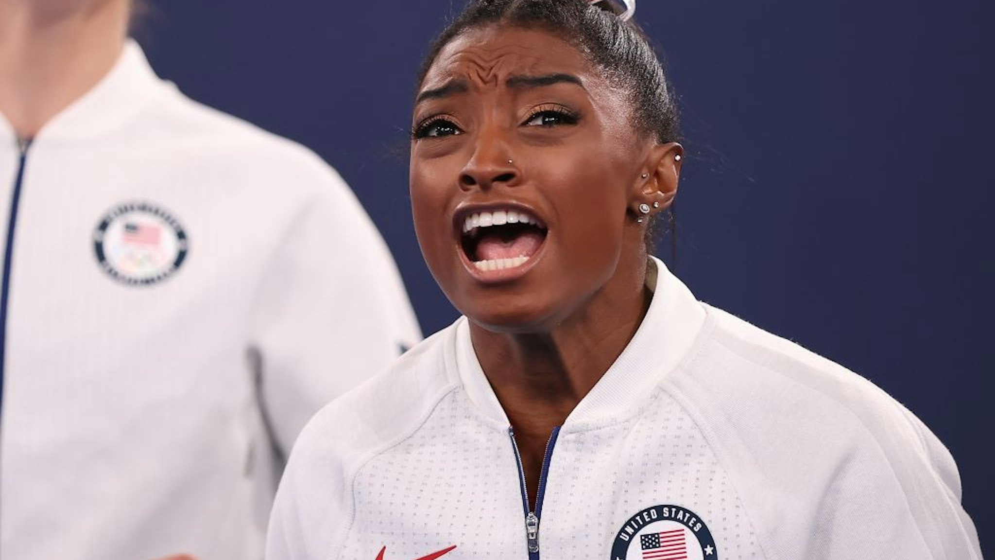 Simone Biles of the United States is seen during the artistic gymnastics women's team final at the Tokyo 2020 Olympic Games in Tokyo, Japan, July 27, 2021. (Photo by Cao Can/Xinhua via Getty Images)