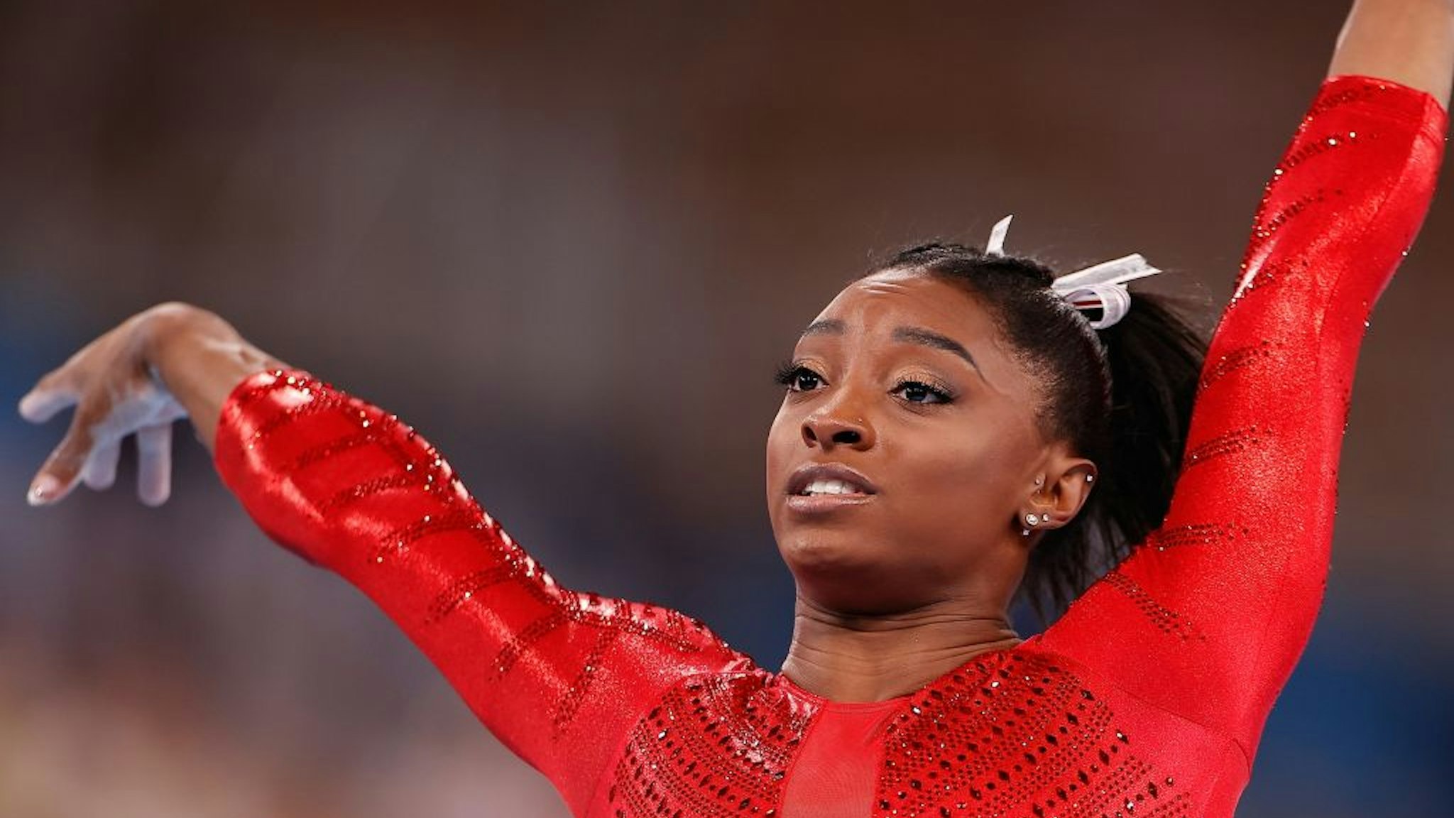 Simone Biles of the United States is seen after the vault of the artistic gymnastics women's team final at the Tokyo 2020 Olympic Games in Tokyo, Japan, July 27, 2021.