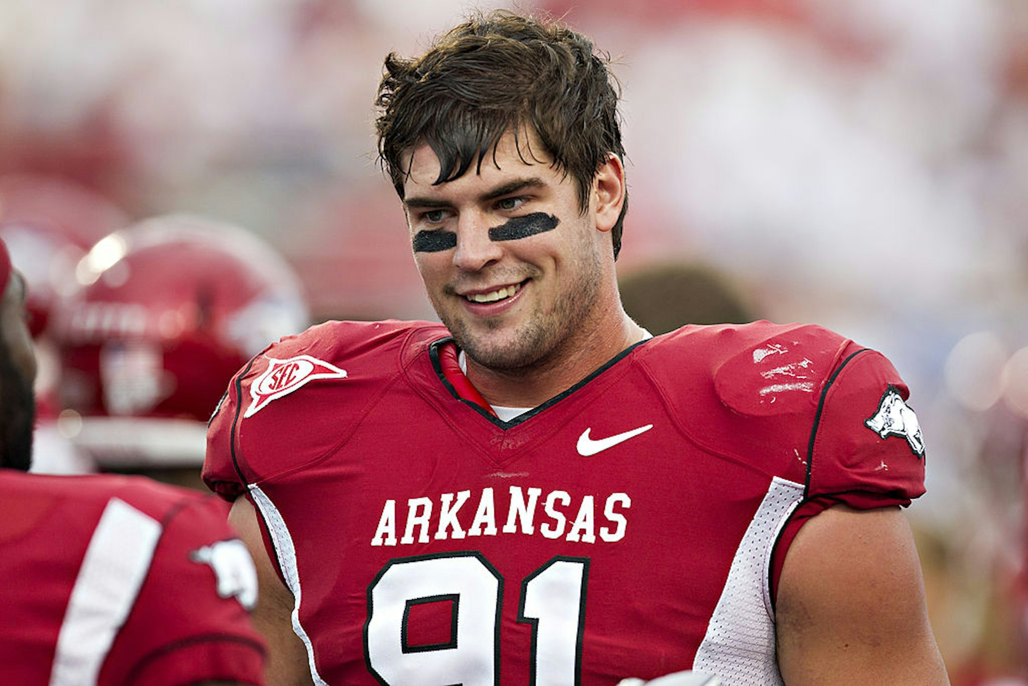 LITTLE ROCK, AR - SEPTEMBER 10: Jake Bequette #91 of the Arkansas Razorbacks warms up before a game against the New Mexico Lobos at War Memorial Stadium on September 10, 2011 in Little Rock, Arkansas. The Razorbacks beat the Lobos 52-3.(Photo by Wesley Hitt/Getty Images)