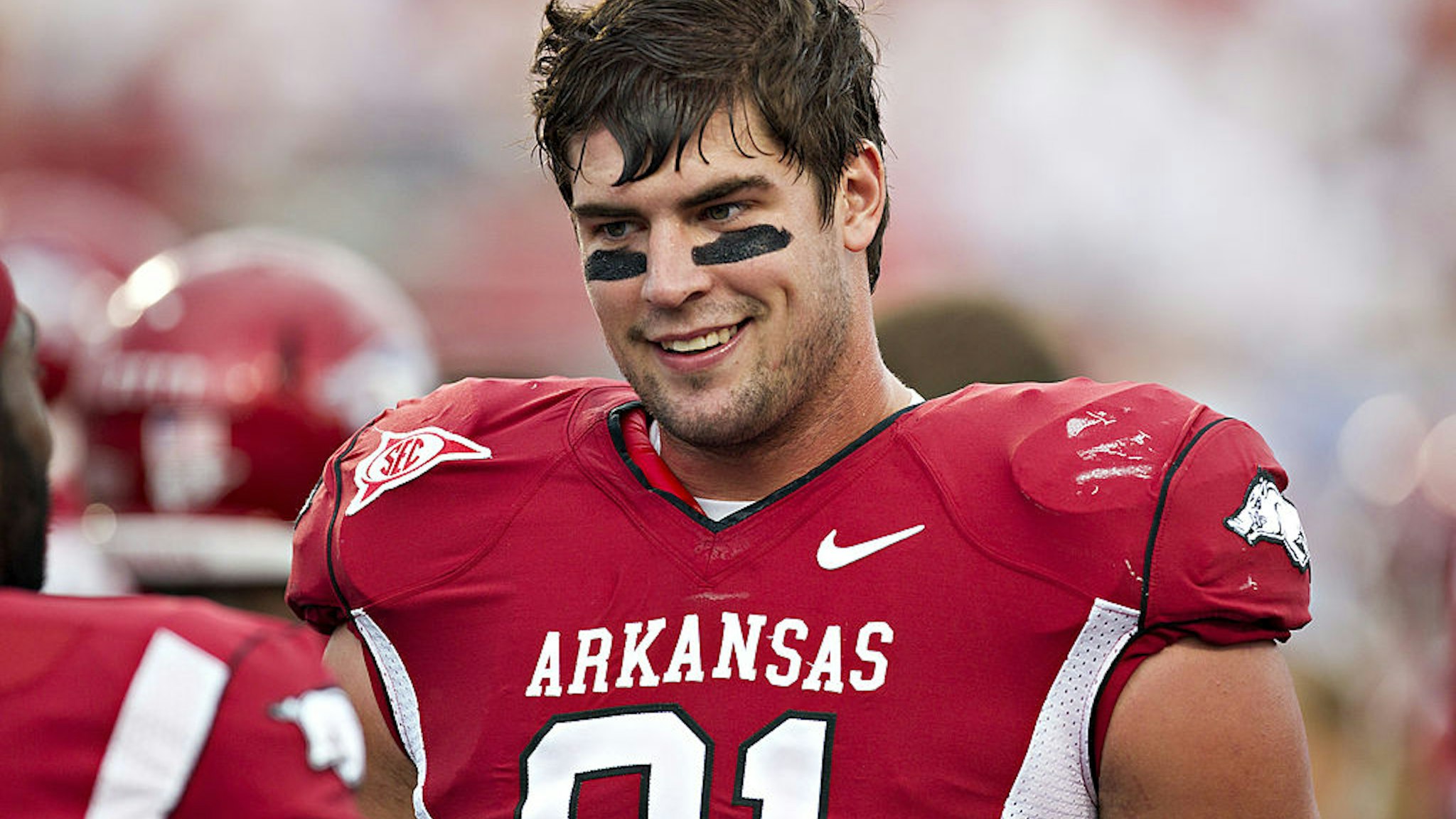 LITTLE ROCK, AR - SEPTEMBER 10: Jake Bequette #91 of the Arkansas Razorbacks warms up before a game against the New Mexico Lobos at War Memorial Stadium on September 10, 2011 in Little Rock, Arkansas. The Razorbacks beat the Lobos 52-3.(Photo by Wesley Hitt/Getty Images)