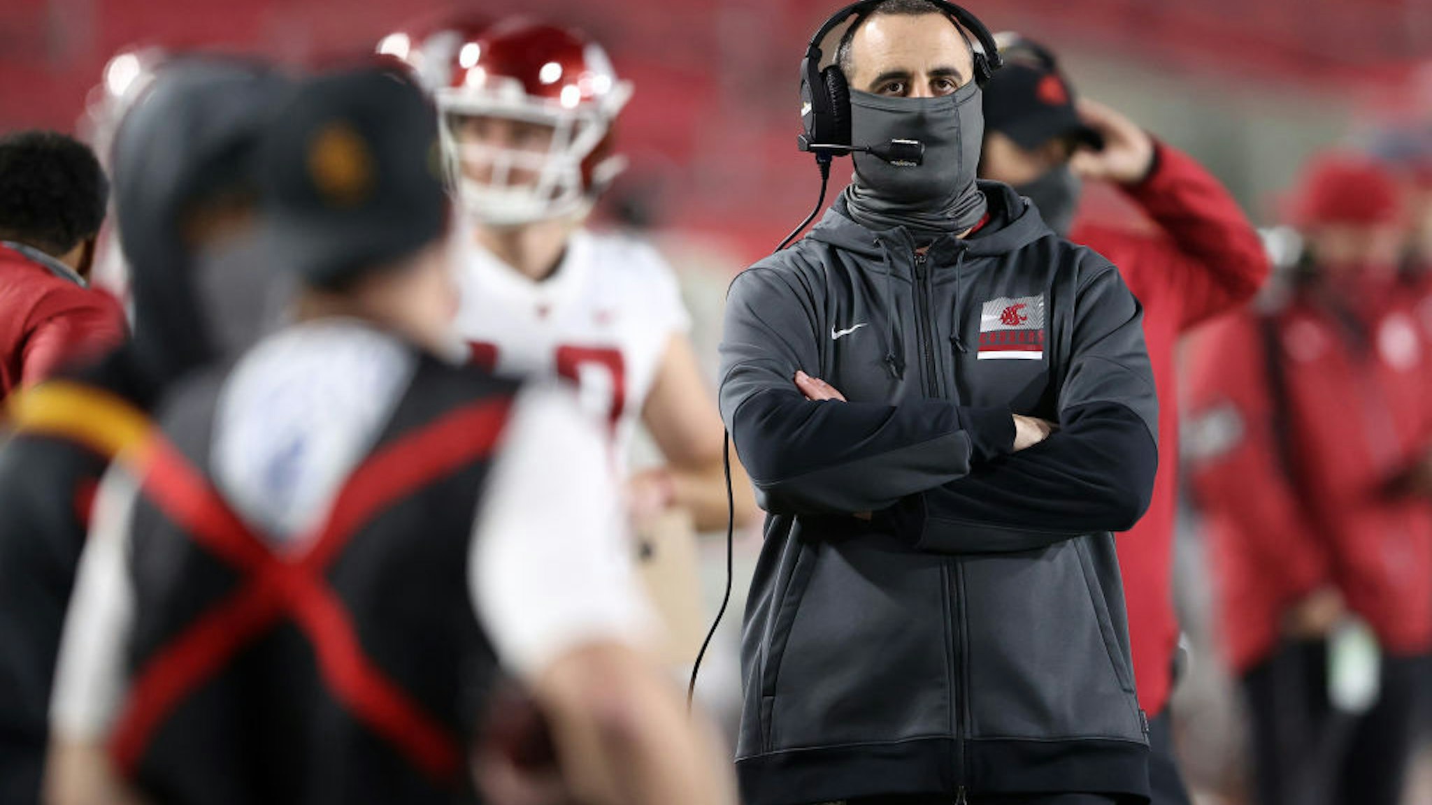 LOS ANGELES, CALIFORNIA - DECEMBER 06: Head coach Nick Rolovich of the Washington State Cougars looks on during the second half of a game against the USC Trojans at Los Angeles Coliseum on December 06, 2020 in Los Angeles, California. (Photo by Sean M. Haffey/Getty Images)