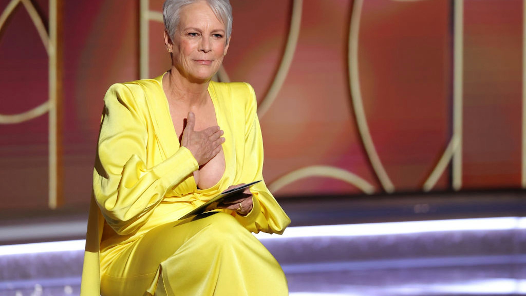 BEVERLY HILLS, CALIFORNIA: 78th Annual GOLDEN GLOBE AWARDS -- Pictured: Jamie Lee Curtis speaks onstage at the 78th Annual Golden Globe Awards held at The Beverly Hilton and broadcast on February 28, 2021 in Beverly Hills, California.