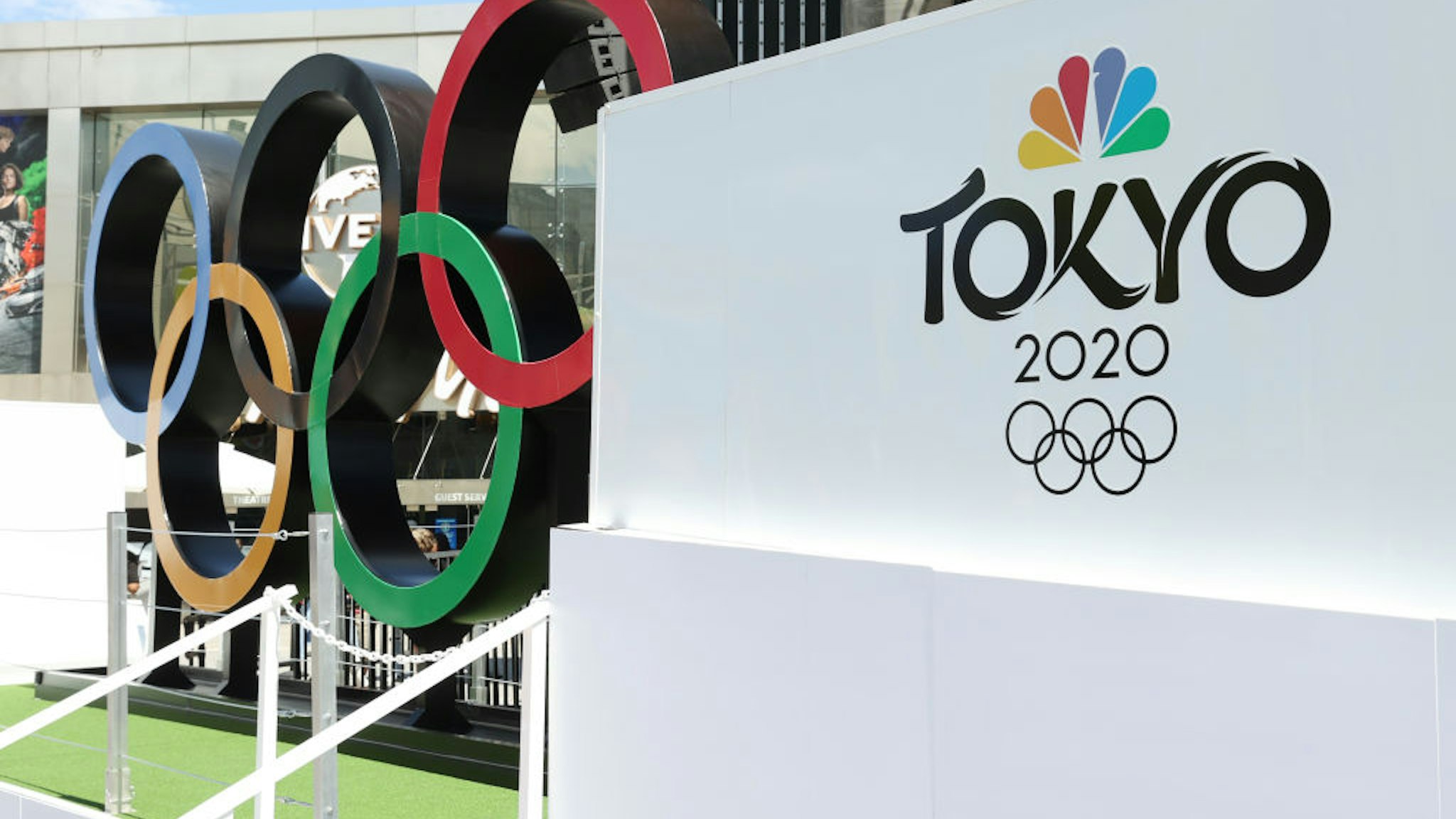 UNIVERSAL CITY, CALIFORNIA - JULY 03: NBC Olympics launches "Rings Across America" Tour life-size set of iconic Olympic Rings at Universal Studios Hollywood on July 03, 2021 in Universal City, California. (Photo by Amy Sussman/Getty Images)