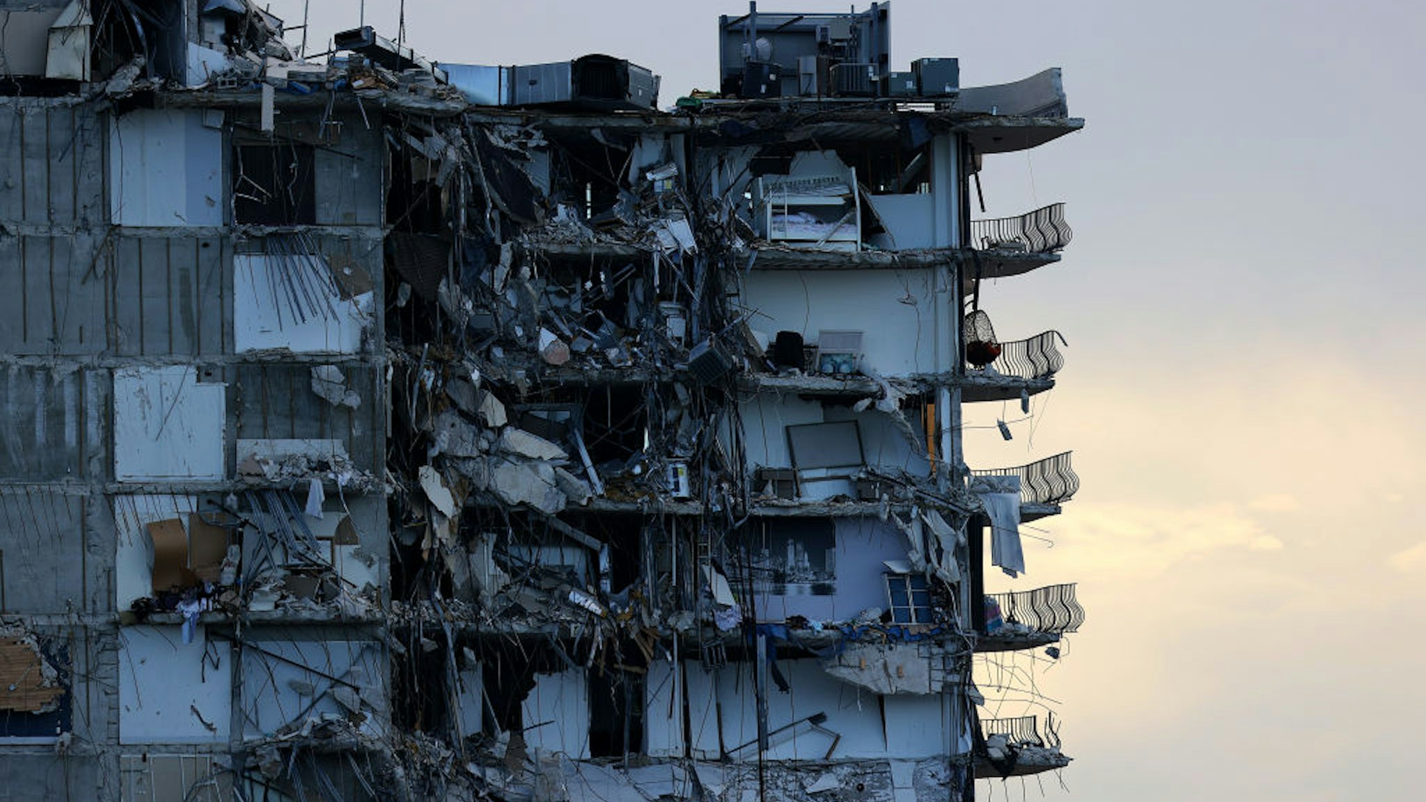 The partially collapsed 12-story Champlain Towers South condo is prepared for a controlled demolition on July 4, 2021 in Surfside, Florida.