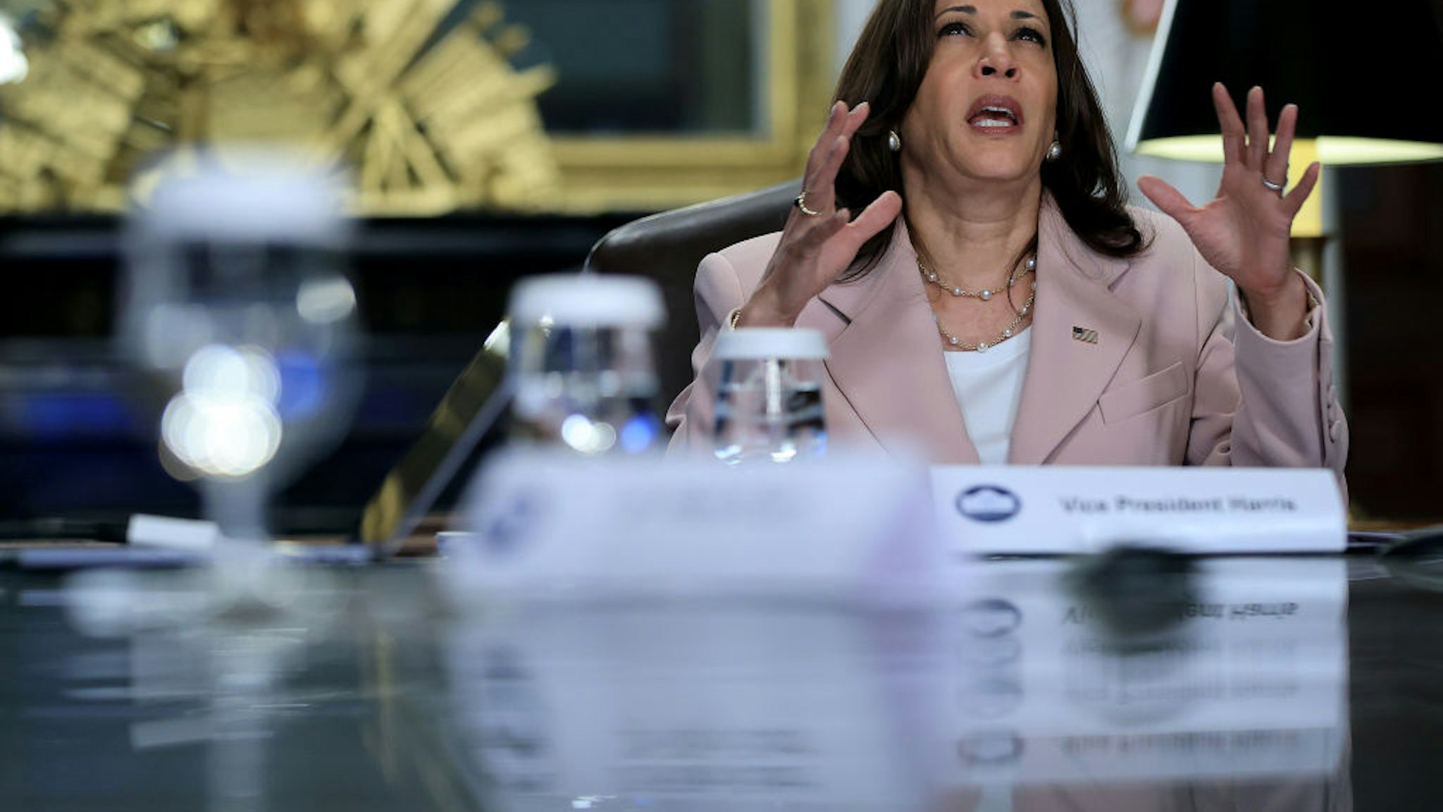 U.S. Vice President Kamala Harris delivers remarks at the start of a roundtable discussion on voting rights for people living with disabilities in her ceremonial office in the Eisenhower Executive Office Building on July 14, 2021 in Washington, DC.