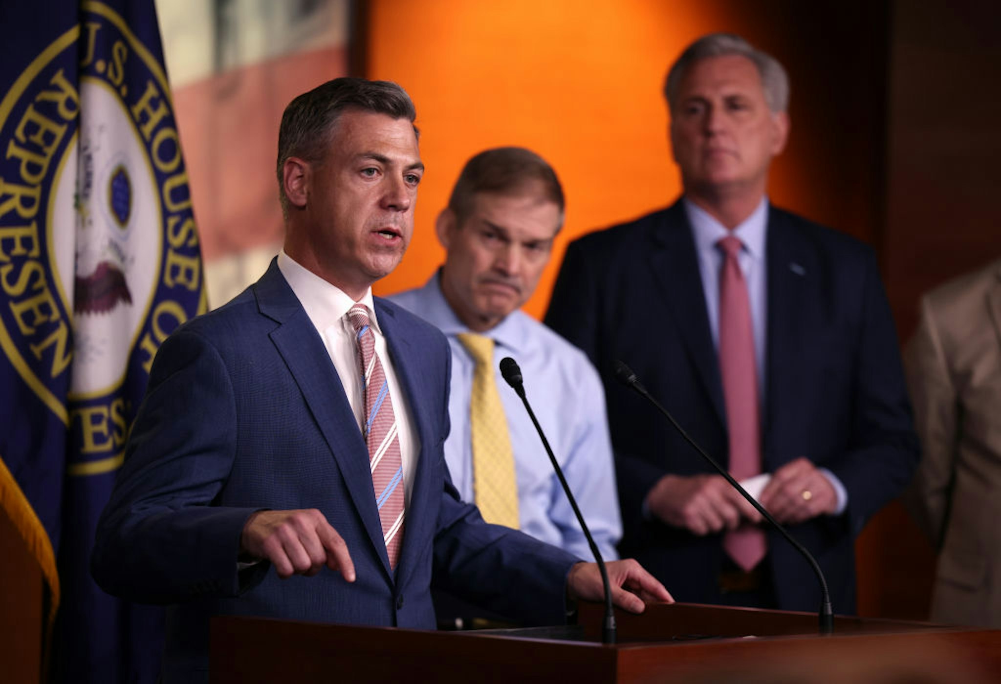 WASHINGTON, DC - JULY 21: Rep. Jim Banks (R-IN) (L), joined by Rep. Jim Jordan (R-ON) (C) and House Minority Leader Kevin McCarthy (R-CA) speaks at a news conference on House Speaker Nancy Pelosi’s decision to reject two of Leader McCarthy’s selected members from serving on the committee investigating the January 6th riots on July 21, 2021 in Washington, DC. Speaker Pelosi announced she would be rejecting Rep. Banks and Rep. Jordan’s assignment to the committee. (Photo by Kevin Dietsch/Getty Images)