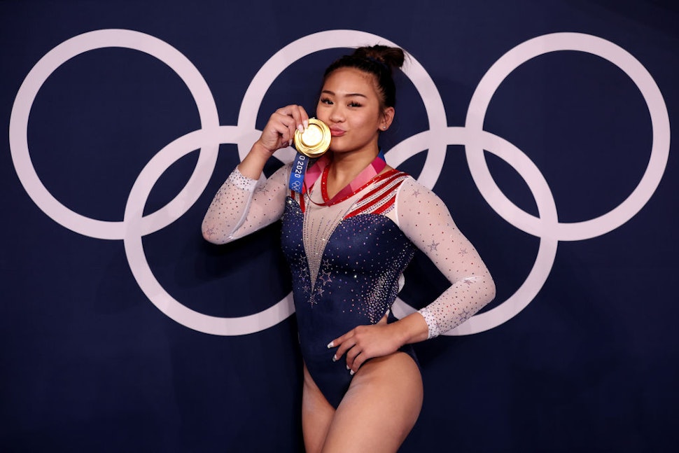 TOKYO, JAPAN - JULY 29: Sunisa Lee of Team United States poses with her gold medal after winning the Women's All-Around Final on day six of the Tokyo 2020 Olympic Games at Ariake Gymnastics Centre on July 29, 2021 in Tokyo, Japan. (Photo by Jamie Squire/Getty Images)