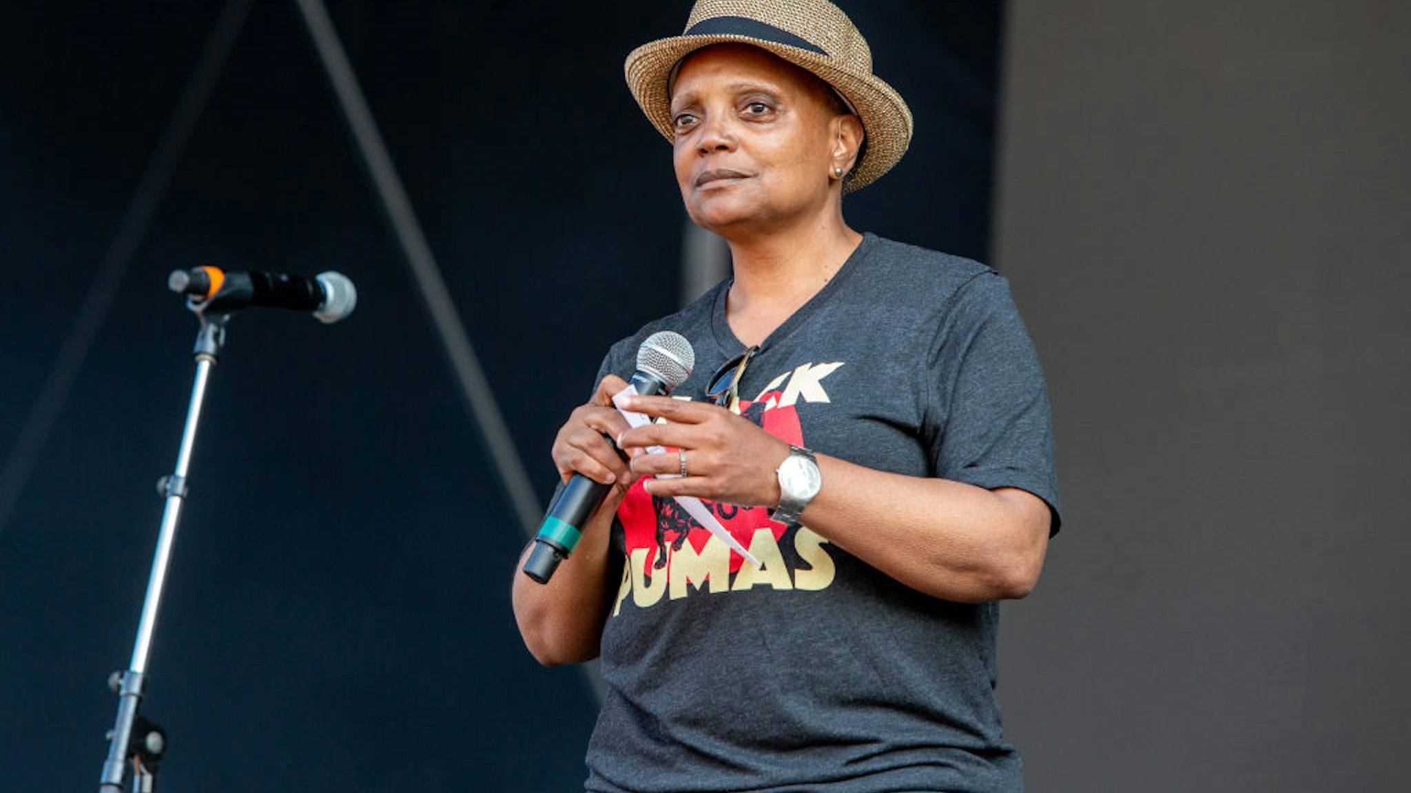 Chicago mayor Lori Lightfoot introduce the Black Pumas set at Lollapalooza in Grant Park on July 29, 2021 in Chicago, Illinois.