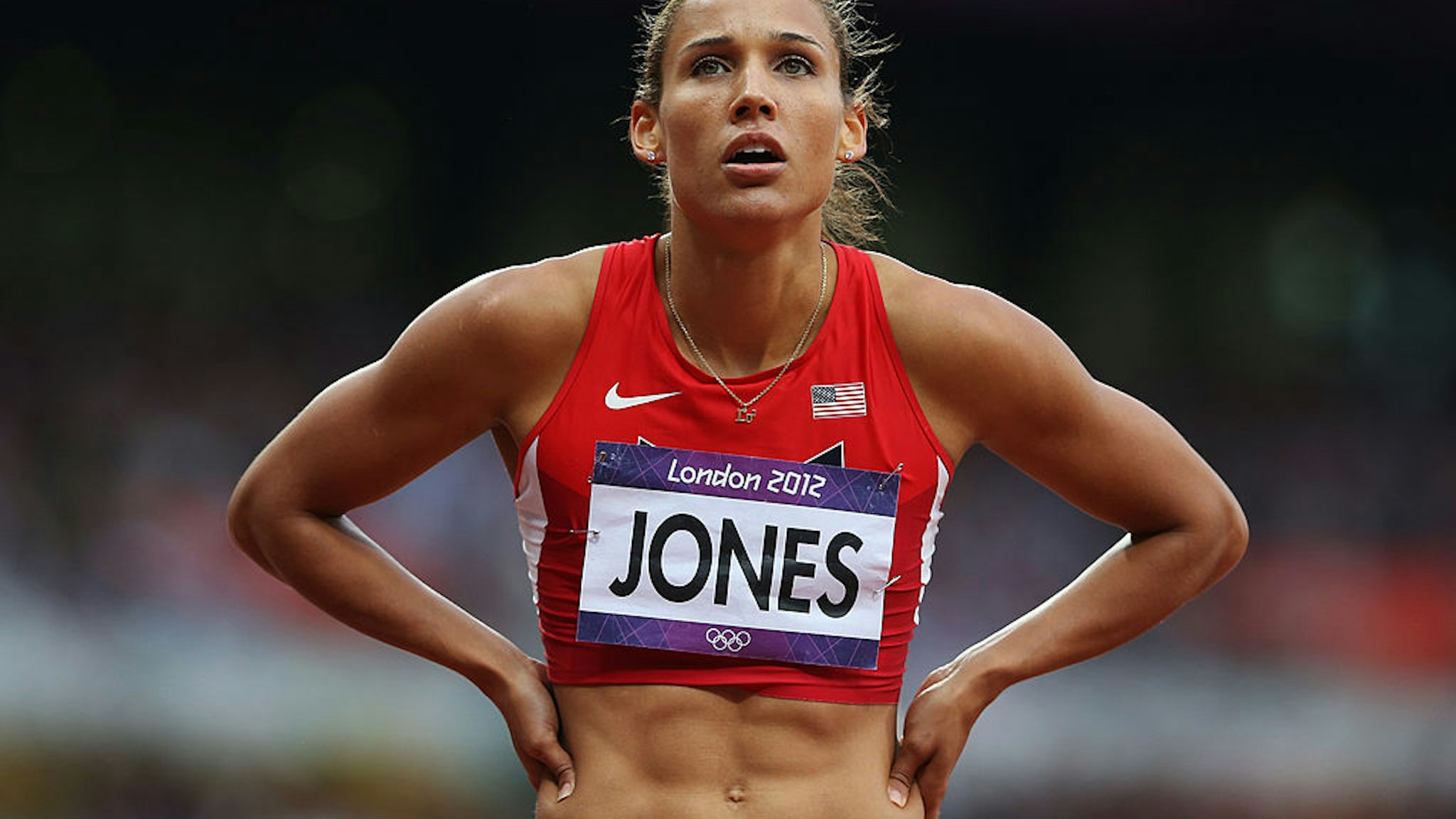 Lolo Jones of the United States looks on after competing in the Women's 100m Hurdles Semifinals on Day 11 of the London 2012 Olympic Games at Olympic Stadium on August 7, 2012 in London, England.