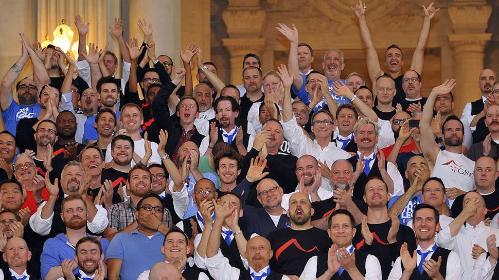 US-POLITICS-GAY-MARRIAGE The San Francisco Gay Men's Chorus cheer for same-sex couples as they get married, one couple after another at San Francisco's City Hall in California on Friday, June 28, 2013. The 9th Circuit Court lifted the stay on same-sex marriage in California, immediately sending a flurry of soon-to-be married couples to City Hall. AFP Photo/JOSH EDELSON (Photo credit should read Josh Edelson/AFP via Getty Images)