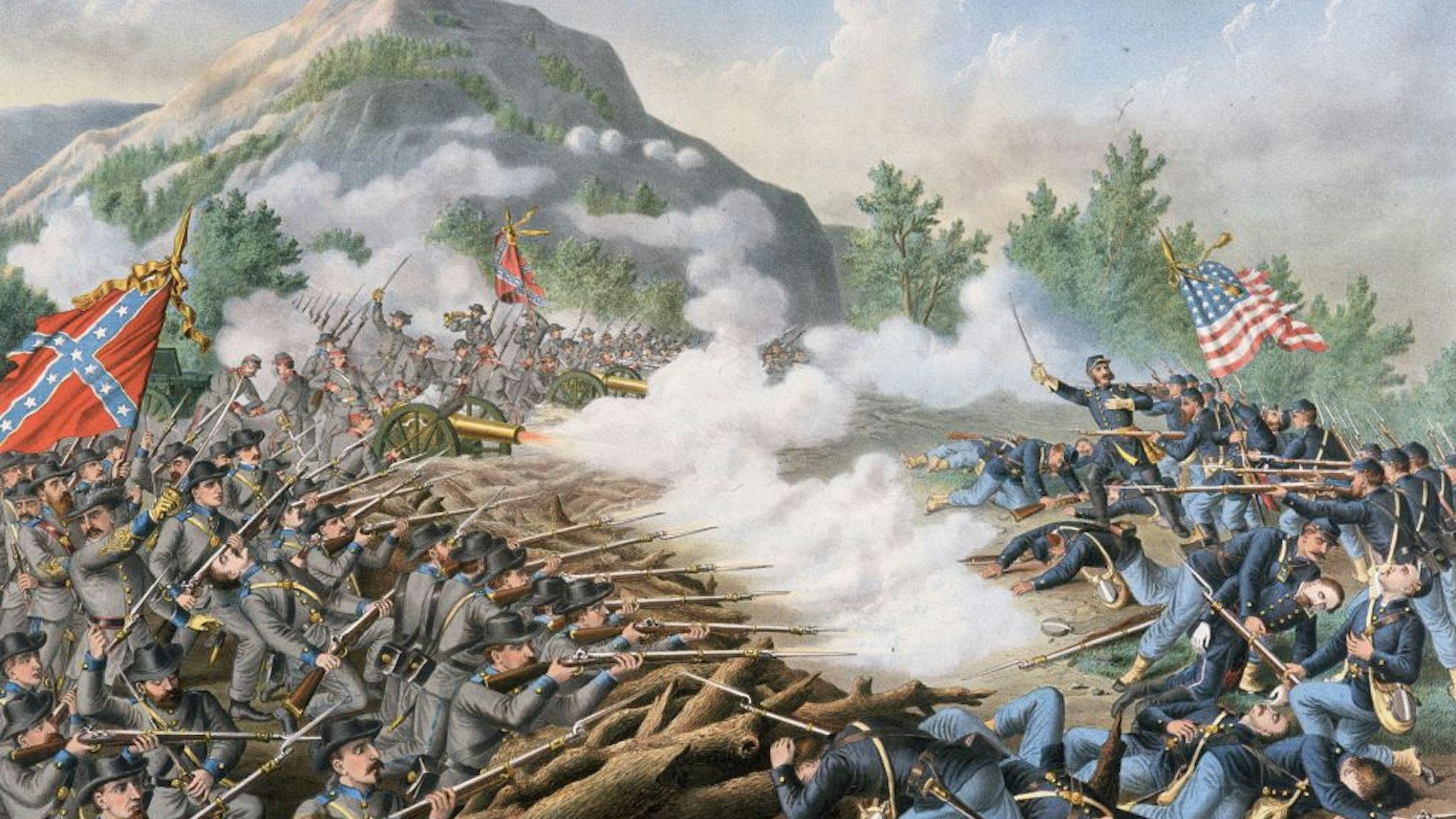 27th June 1864: US Civil War 1861-65. The Atlanta Campaign. Major General William T. Sherman sent Union forces to attack Confederate General Joseph E. Johnston's entrenched position at Kennesaw Mountain, Georgia, which protected the rail supply link to Atlanta. Confederate artillery and rifle fire inflicted heavy Union casualties, repulsed the attack and won the battle. An 1891 color illustration.