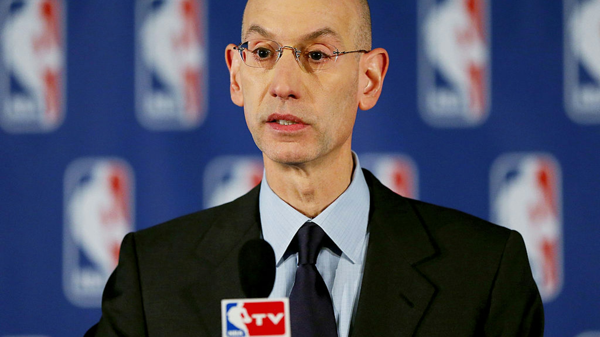 NEW YORK, NY - APRIL 29: NBA Commissioner Adam Silver holds a press conference to discuss Los Angeles Clippers owner Donald Sterling at the Hilton Hotel on April 29, 2014 in New York City. Silver announced that Sterling will be banned from the NBA for life and will be fined $2.5 million for racist comments released in audio recordings. (Photo by Elsa/Getty Images)