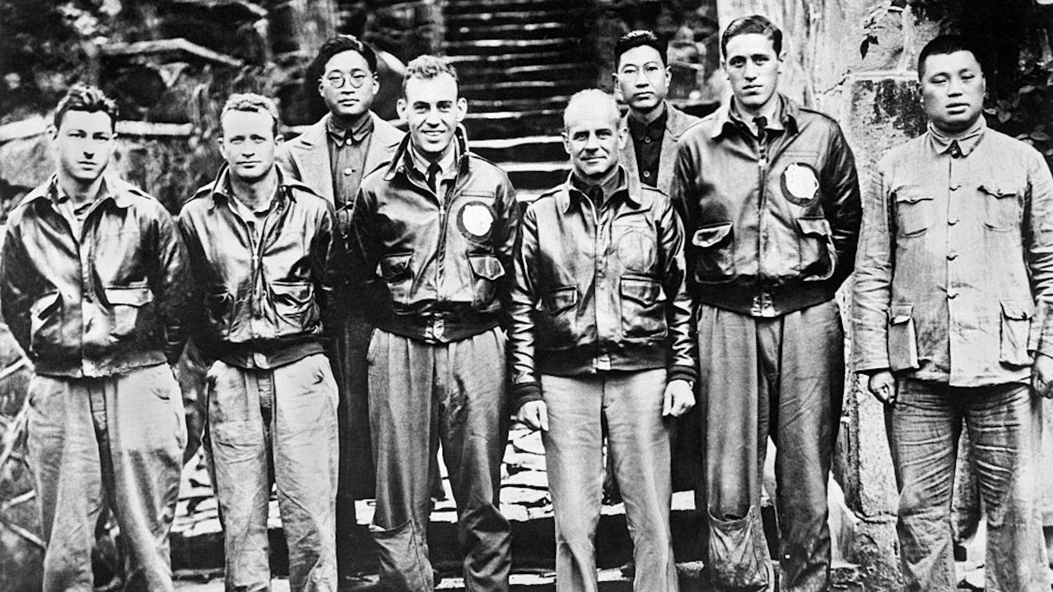 Major General Jimmy Doolittle and his crew after they led the first bombing raid on Tokyo during WWII, China, April 22, 1943. The Raiders took off in sixteen B-25s from the USS Hornet aircraft carrier and then bailed out over China after bombing Tokyo. Pictured from left are: Staff Sgt FA Braemer, Bombardier; Staff Sgt PJ Leonard, Engineer-Gunner; Kt RE Cole, Co-Pilot; General Doolittle; and Lt HA Potter, Navigator. (Photo by Underwood Archives/Getty Images)
