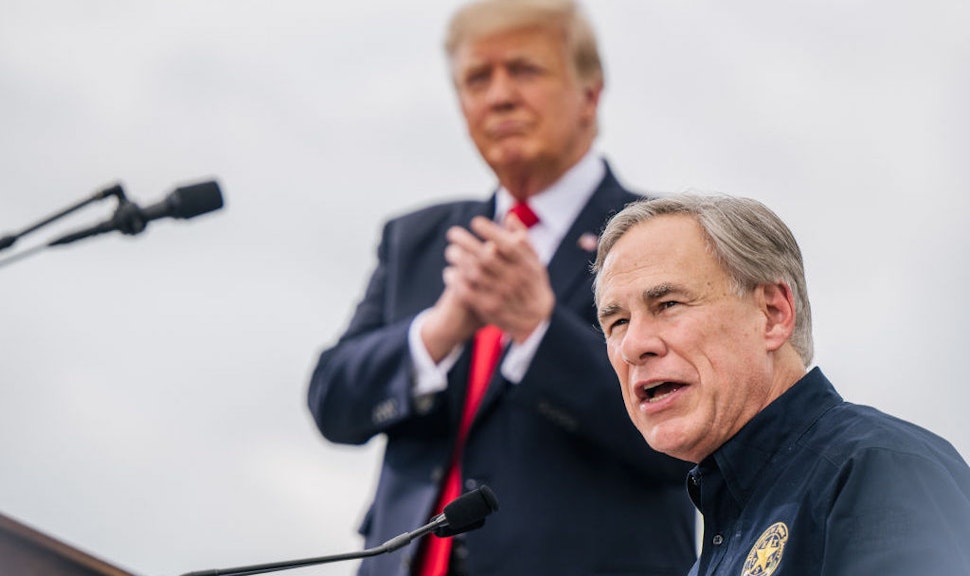 PHARR, TEXAS - JUNE 30: Texas Gov. Greg Abbott speaks alongside former President Donald Trump during a tour to an unfinished section of the border wall on June 30, 2021 in Pharr, Texas. Gov. Abbott has pledged to build a state-funded border wall between Texas and Mexico as a surge of mostly Central American immigrants crossing into the United States has challenged U.S. immigration agencies. So far in 2021, U.S. Border Patrol agents have apprehended more than 900,000 immigrants crossing into the United States on the southern border. (Photo by Brandon Bell/Getty Images)