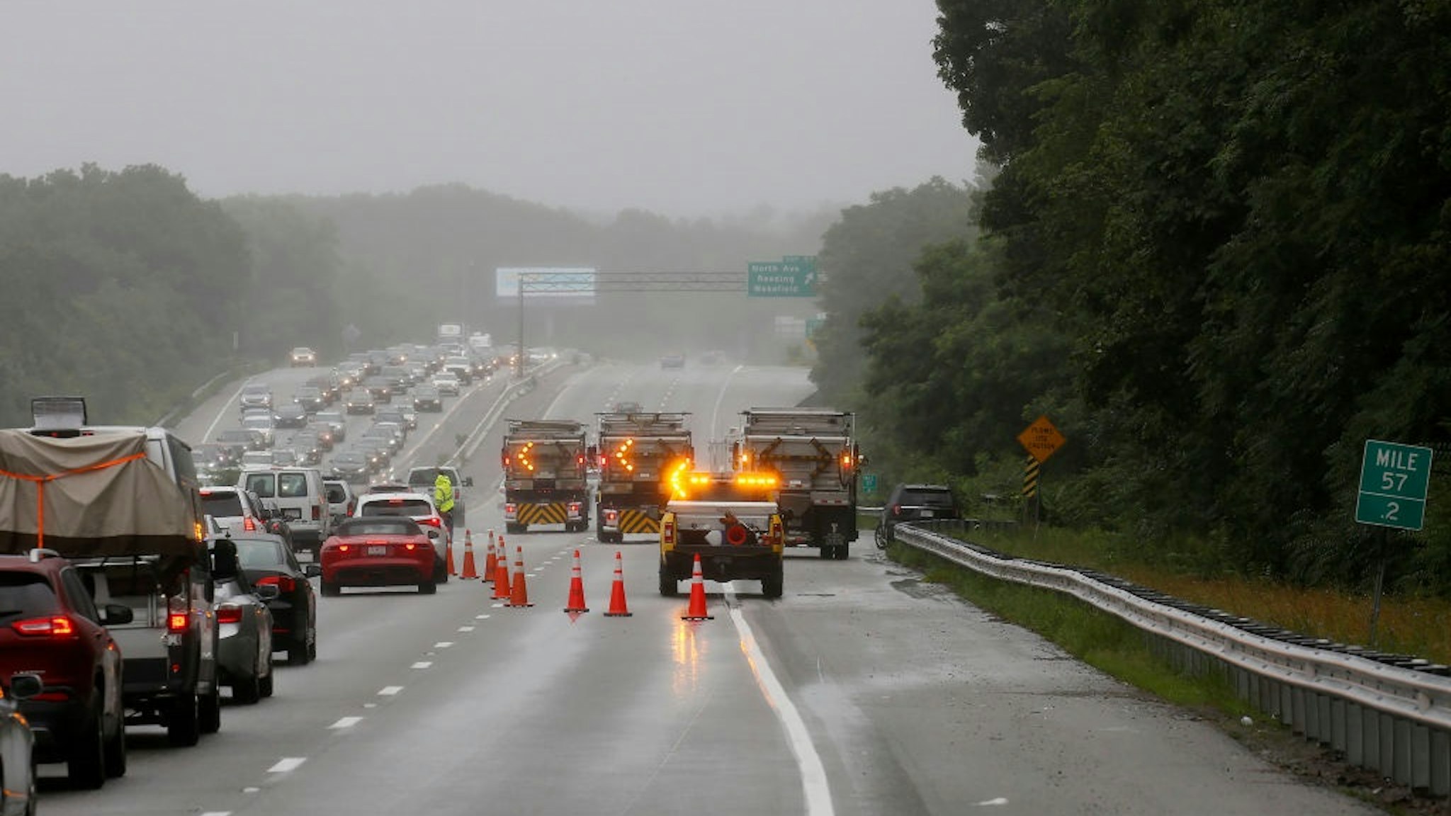 Wakefield, MA. - July 3: Some Lane closures are still in place on I-95 north in Wakefield as the investigation into an armed stand off with police continues along the highway, July 3, 2021 Wakefield, MA.