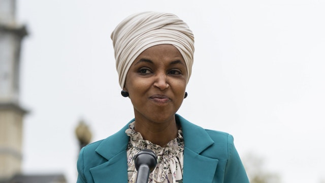 WASHINGTON, DC - APRIL 9: Rep. Ilhan Omar (D-MN) speaks during a press conference at Black Lives Matter Plaza calling for an end to U.S. support for a Saudi Arabia-led blockade of Yemen on April 9, 2021 in Washington, DC. 26 year-old Iman Saleh is on her 12th day of a hunger strike for Yemen in Washington, DC. Millions of Yemenis, including children, are on the edge of famine, which some attribute partially to the blockade that has choked the delivery of food and fuel into the country.