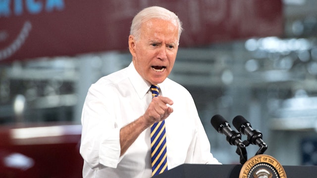 US President Joe Biden speaks about American manufacturing and the American workforce after touring the Mack Trucks Lehigh Valley Operations Manufacturing Facility in Macungie, Pennsylvania on July 28, 2021.