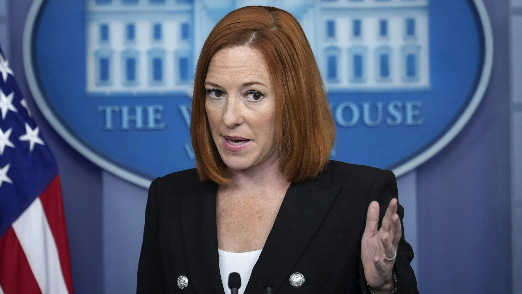 WASHINGTON, DC - JULY 20: White House Press Secretary Jen Psaki speaks during the daily press briefing at the White House on July 20, 2021 in Washington, DC. Psaki acknowledged that a White House staffer has tested positive for COVID-19 and there have been other recent breakthrough cases of vaccinated staff members.
