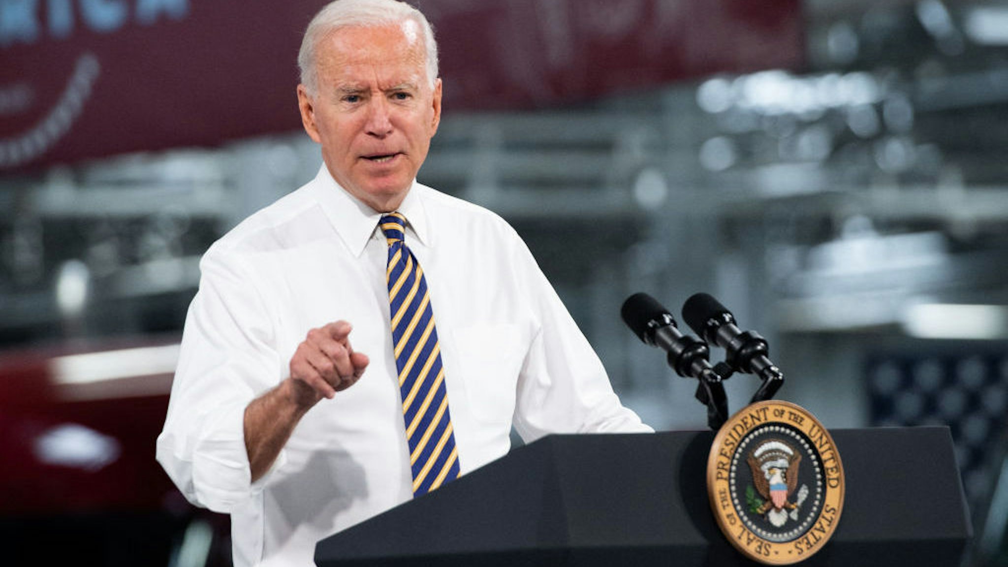 US President Joe Biden speaks about American manufacturing and the American workforce after touring the Mack Trucks Lehigh Valley Operations Manufacturing Facility in Macungie, Pennsylvania on July 28, 2021. (Photo by SAUL LOEB / AFP) (Photo by SAUL LOEB/AFP via Getty Images)