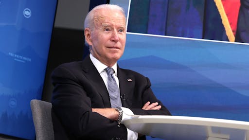 President Biden Meets With Governors To Discuss Wildfire Response WASHINGTON, DC - JULY 30: U.S. President Joe Biden listens during a virtual meeting with U.S. Vice President Kamala Harris and west coast Governors in the South Court Auditorium in the Eisenhower Executive Office Building on July 30, 2021 in Washington, DC. President Biden and Vice President Kamala Harris met with governors to discuss their state’s individual wildfire prevention efforts as the 2021 Wildfire season continues.