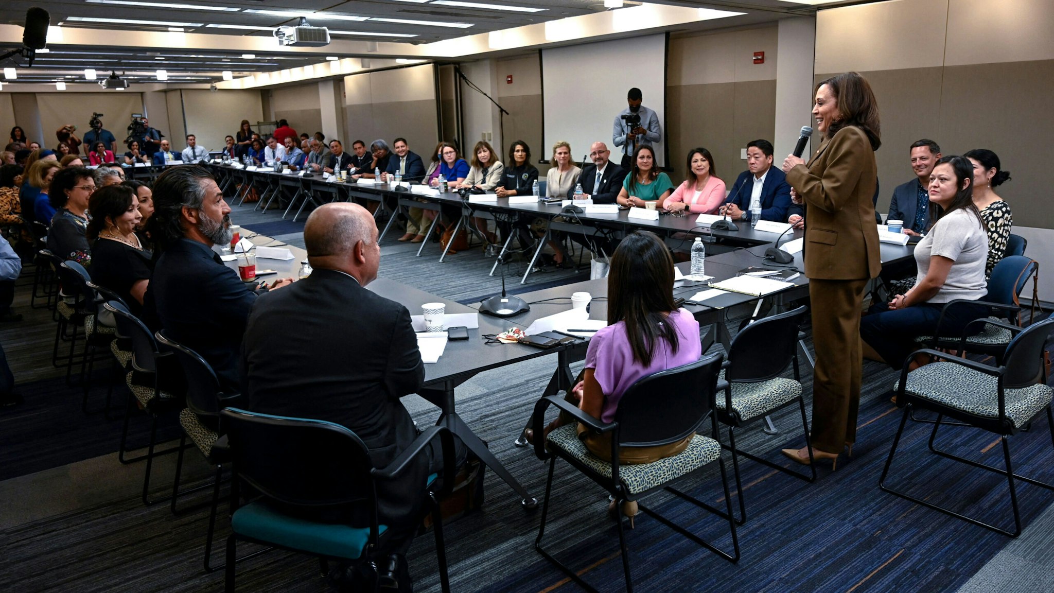 US Vice President Kamala Harris (4th R) meets with Democratic members of the Texas State Legislature at the American Federation of Teachers building near the US Capitol in Washington, DC, July 13, 2021.