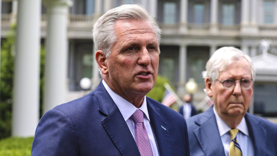 President Biden Meets With Members Of Congressional Leadership U.S. House Minority Leader Kevin McCarthy, a Republican from California, speaks to members of the media as Senate Minority Leader Mitch McConnell, a Republican from Kentucky, right, listens after a meeting with U.S. President Joe Biden at the White House in Washington, D.C., U.S., on Wednesday, May 12, 2021. Biden held the meeting in an effort to forge bipartisan agreement on his economic goals including discussing areas of potential agreement as the he pushes his $4 trillion economic plan.
