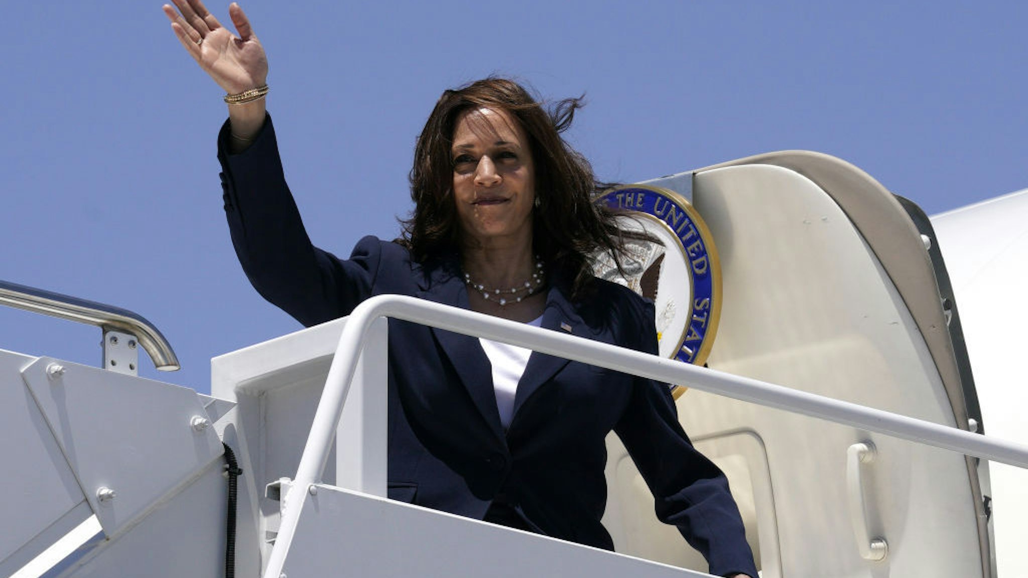 U.S. Vice President Kamala Harris boards Air Force Two at the El Paso International Airport in El Paso, Texas, U.S., on Friday, June 25, 2021. The vice president's visit to the southern border comes after months of denunciations from Republicans, as well as frustration from some Democrats, for not having gone to the border after being chosen to address the root causes of migration from Central America to the U.S. Photographer: Yuri Gripas/Abaca/Bloomberg