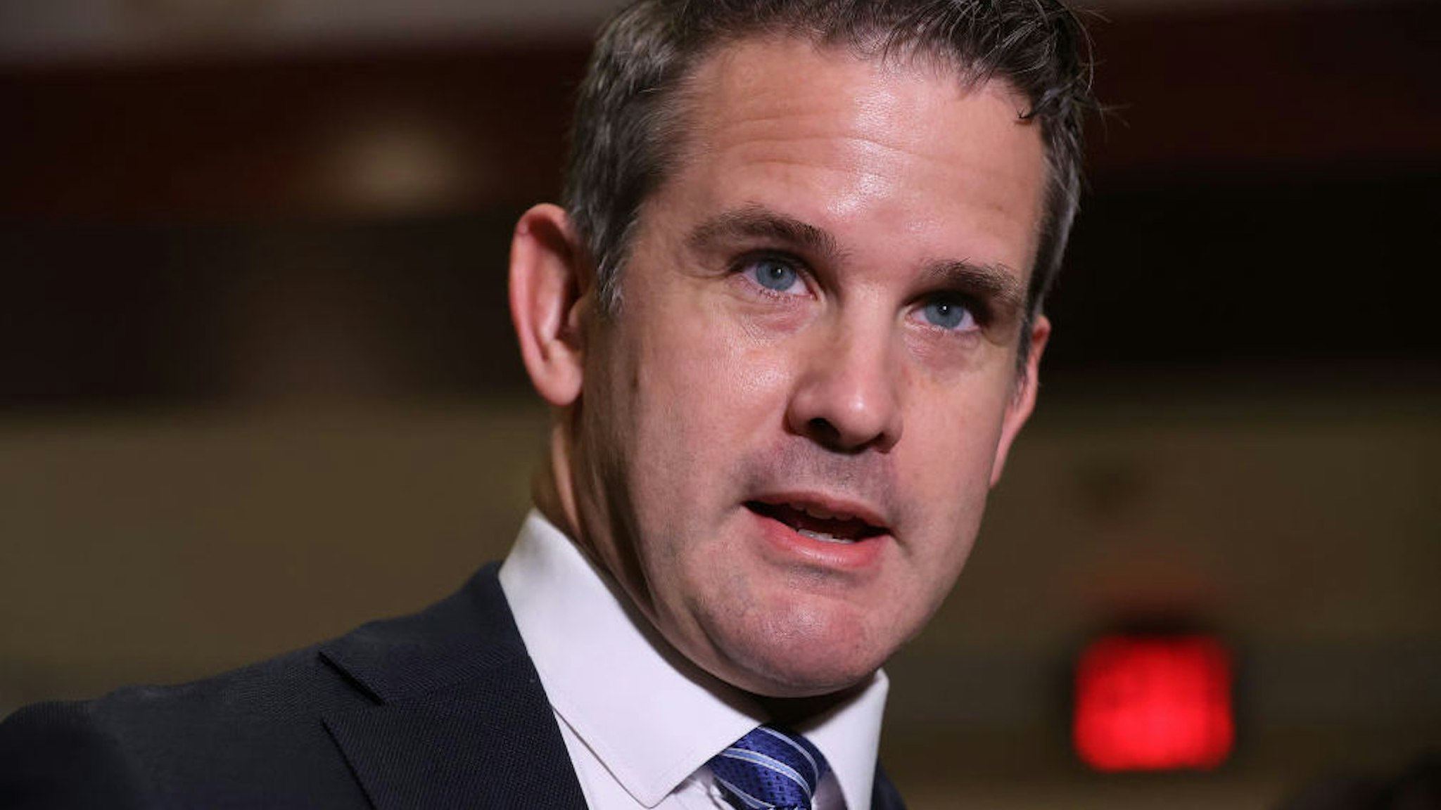 WASHINGTON, DC - MAY 12: Rep. Adam Kinzinger (R-IL) talks to reporters follow a House Republican conference meeting in the U.S. Capitol Visitors Center on May 12, 2021 in Washington, DC. GOP members decided to remove Conference Chair Liz Cheney (R-WY) from her leadership position after she become a target for former President Donald Trump and his followers in the House as she has continually expressed the need for the Republican Party to separate themselves from Trump over his role in the January 6 attack on the Capitol.