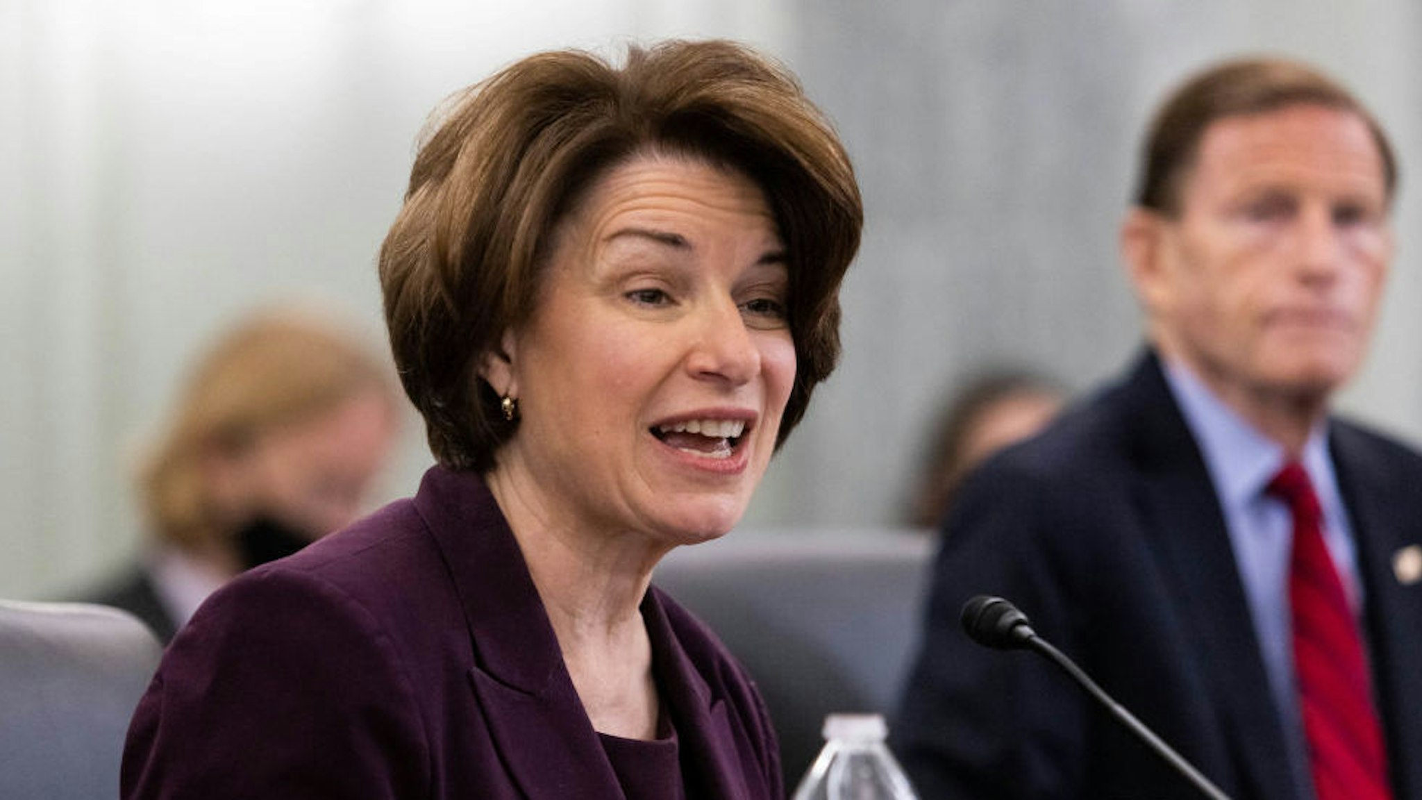 WASHINGTON, DC - APRIL 21: Senator Amy Klobuchar, D-MN, speaks during a Senate Commerce, Science, and Transportation Committee hearing on the nomination of Former Senator Bill Nelson, FL, to be NASA administrator, on Capitol Hill on April 21, 2021 in Washington, DC. Nelson was a senator representing Florida from 2001-2019.