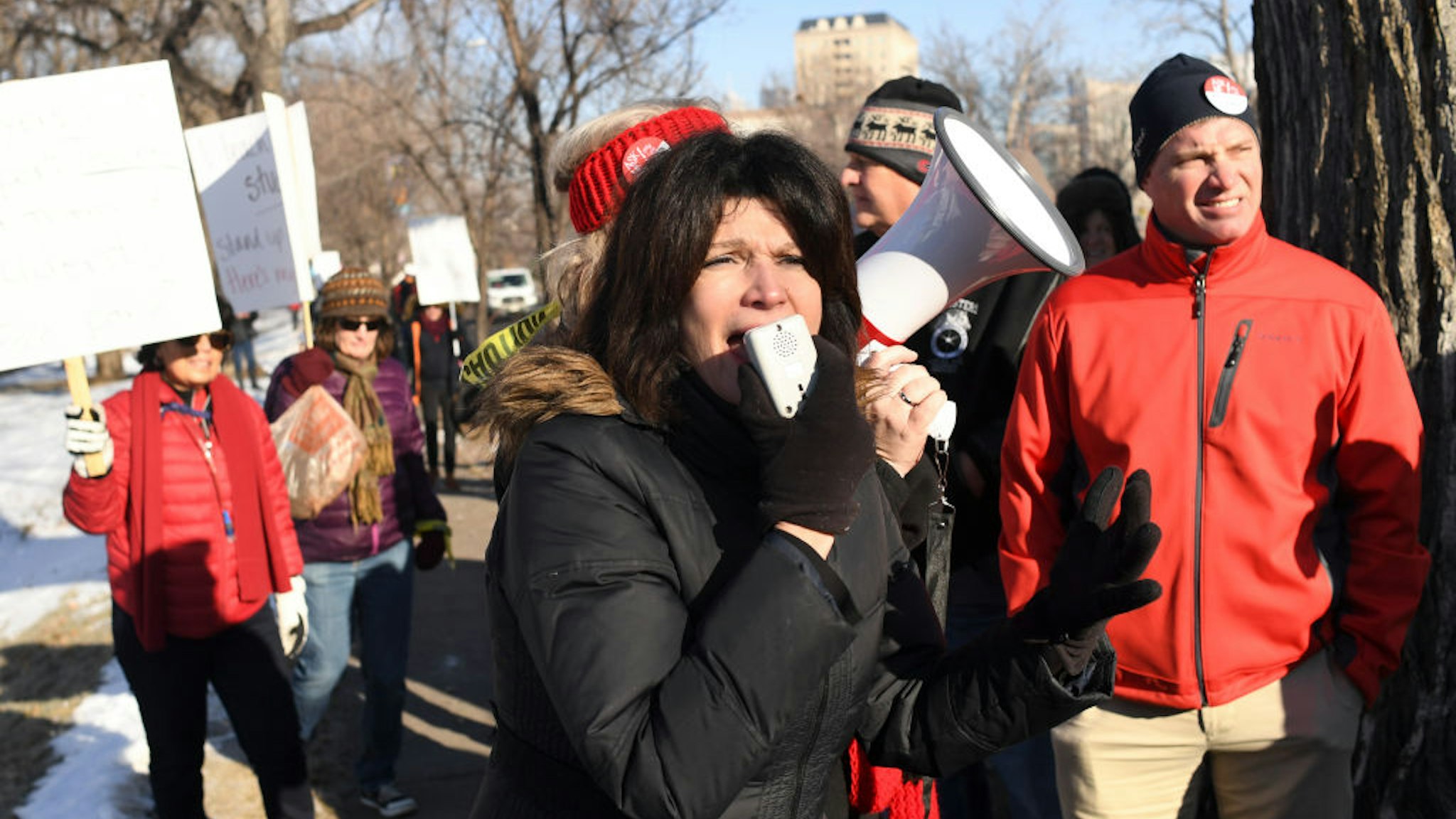 DENVER CO - FEBRUARY 11: Lily Eskelsen García, President of the National Education Association, joined Denver Public School teachers as they walk the picket lines outside West High School during day one of a strike for Denver Public School teachers on February 11, 2019 in Denver, Colorado.