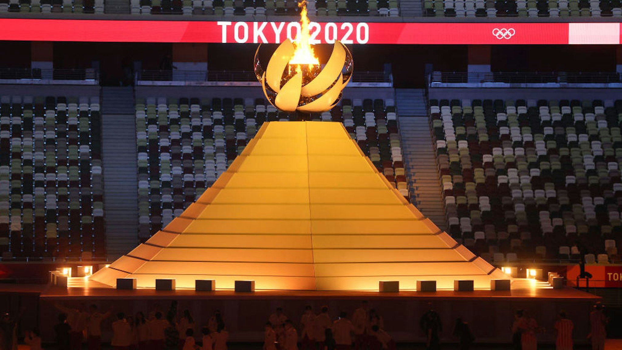 TOKYO, JAPAN - JULY 23: A general view of the Olympic cauldron lit during the Opening Ceremony of the Tokyo 2020 Olympic Games at Olympic Stadium on July 23, 2021 in Tokyo, Japan.