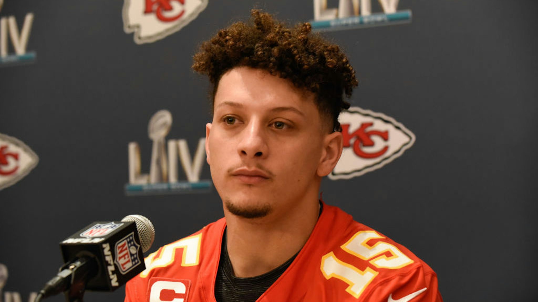 AVENTURA, FL - JANUARY 28: Kansas City Chiefs Quarterback Patrick Mahomes answers questions from the media during the Kansas City Chiefs Super Bowl LIV press conference on January 28, 2020, at JW Mariott Turnberry in Miami, FL. (Photo by Michele Eve Sandberg/Icon Sportswire via Getty Images)