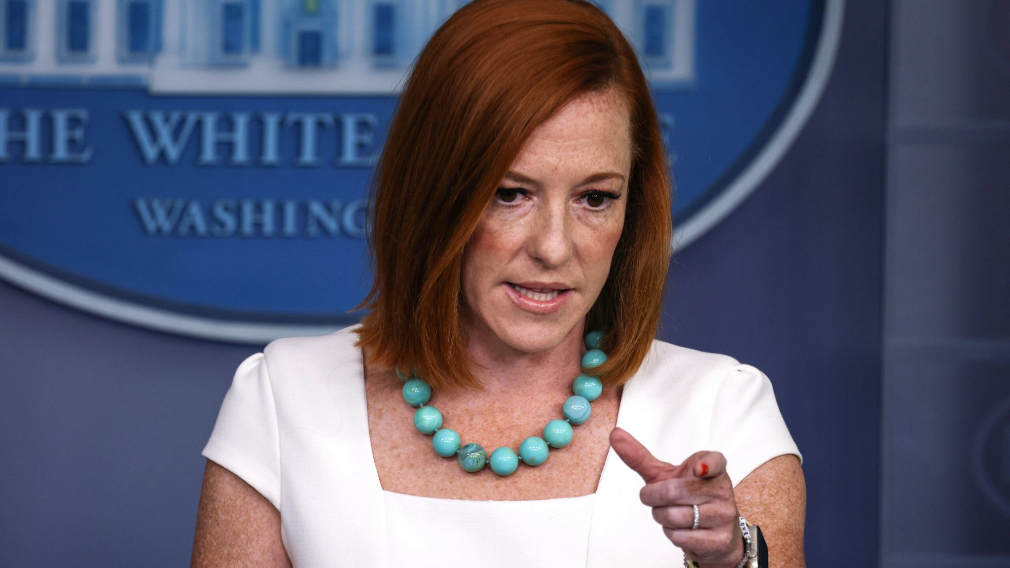 WASHINGTON, DC - JULY 26: White House Press Secretary Jen Psaki gestures as she speaks at a daily press briefing in the James Brady Press Briefing Room of the White House on July 26, 2021 in Washington, DC. Psaki reiterated the administrations confidence in the Center for Disease Control (CDC) on advising next steps that should be taken as Coronavirus cases continue to rise in the United States.