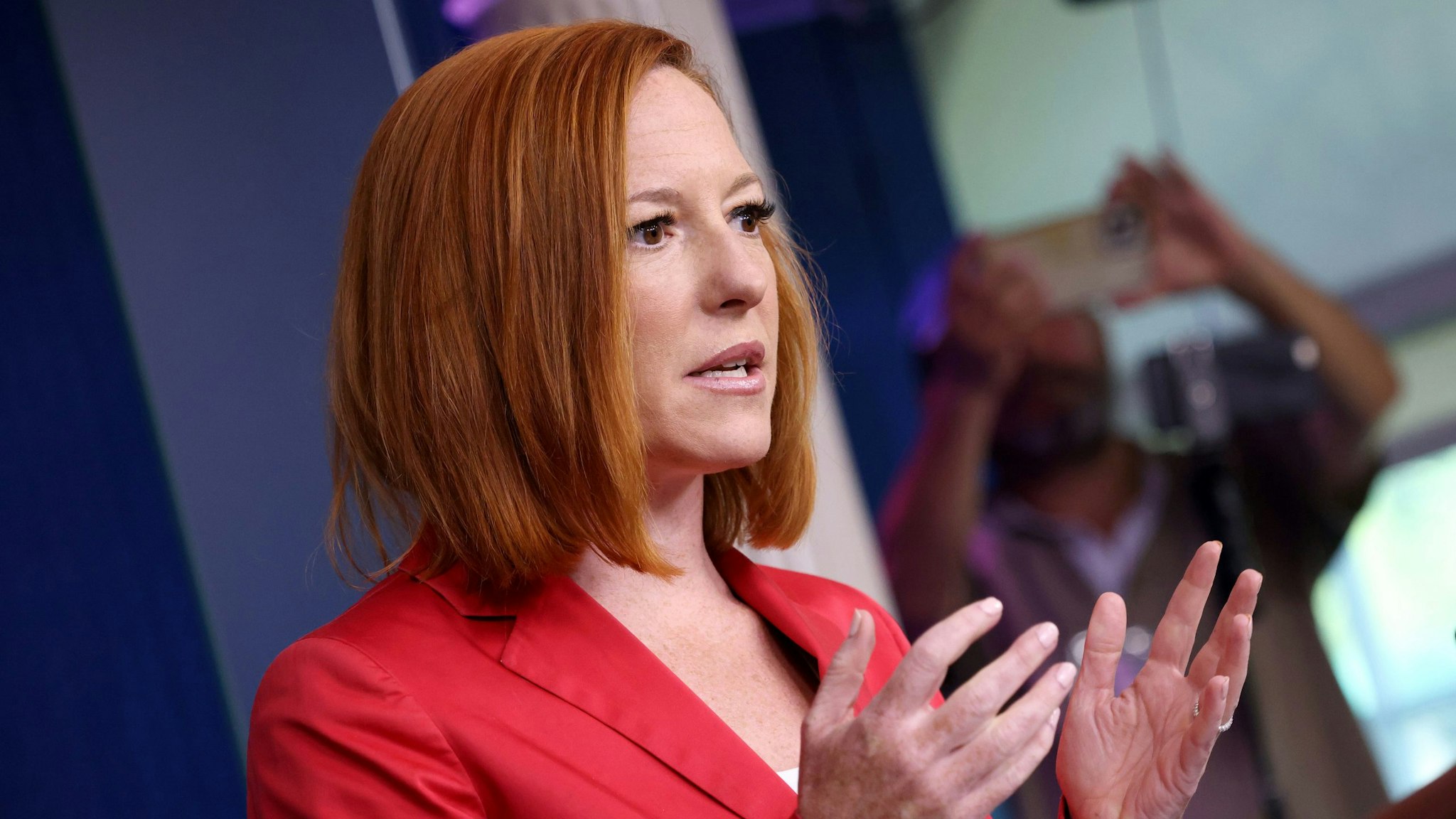 WASHINGTON, DC - JUNE 28: White House press secretary Jen Psaki answers questions during her daily briefing on June 28, 2021 in Washington, DC. Psaki answered a range of questions related to pending infrastructure legislation and other topics.