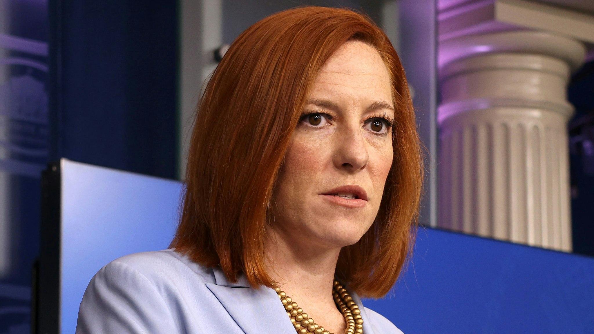 WASHINGTON, DC - MAY 21: White House Press Secretary Jen Psaki speaks during a daily press briefing at the James Brady Press Briefing Room of the White House on May 21, 2021 in Washington, DC. Psaki spoke on the recent ceasefire between Hamas and Israel as well as the White House reopening further to more people.