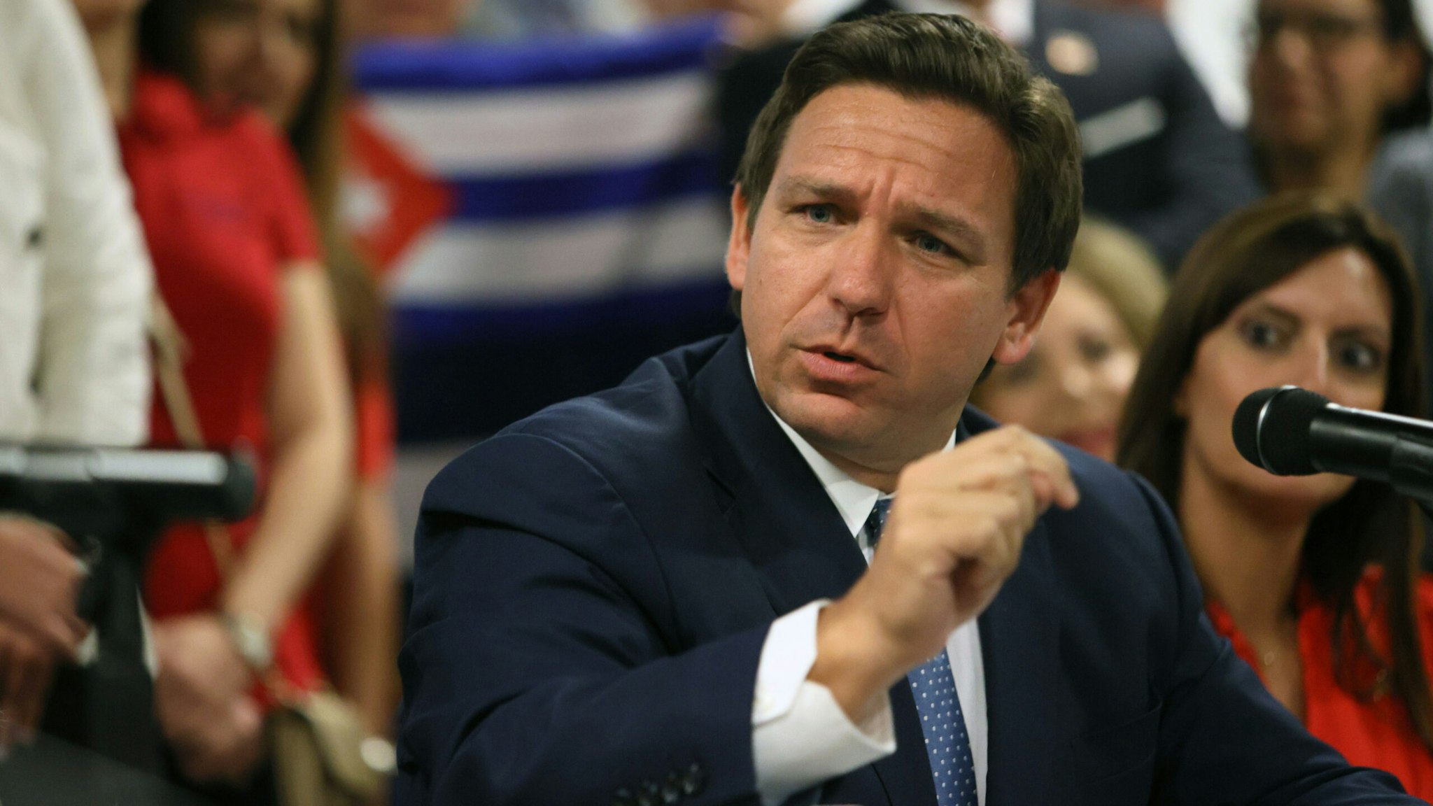 MIAMI, FLORIDA - JULY 13: Florida Gov. Ron DeSantis takes part in a roundtable discussion about the uprising in Cuba at the American Museum of the Cuba Diaspora on July 13, 2021 in Miami, Florida. Thousands of people took to the streets in Cuba on Sunday to protest against the government.