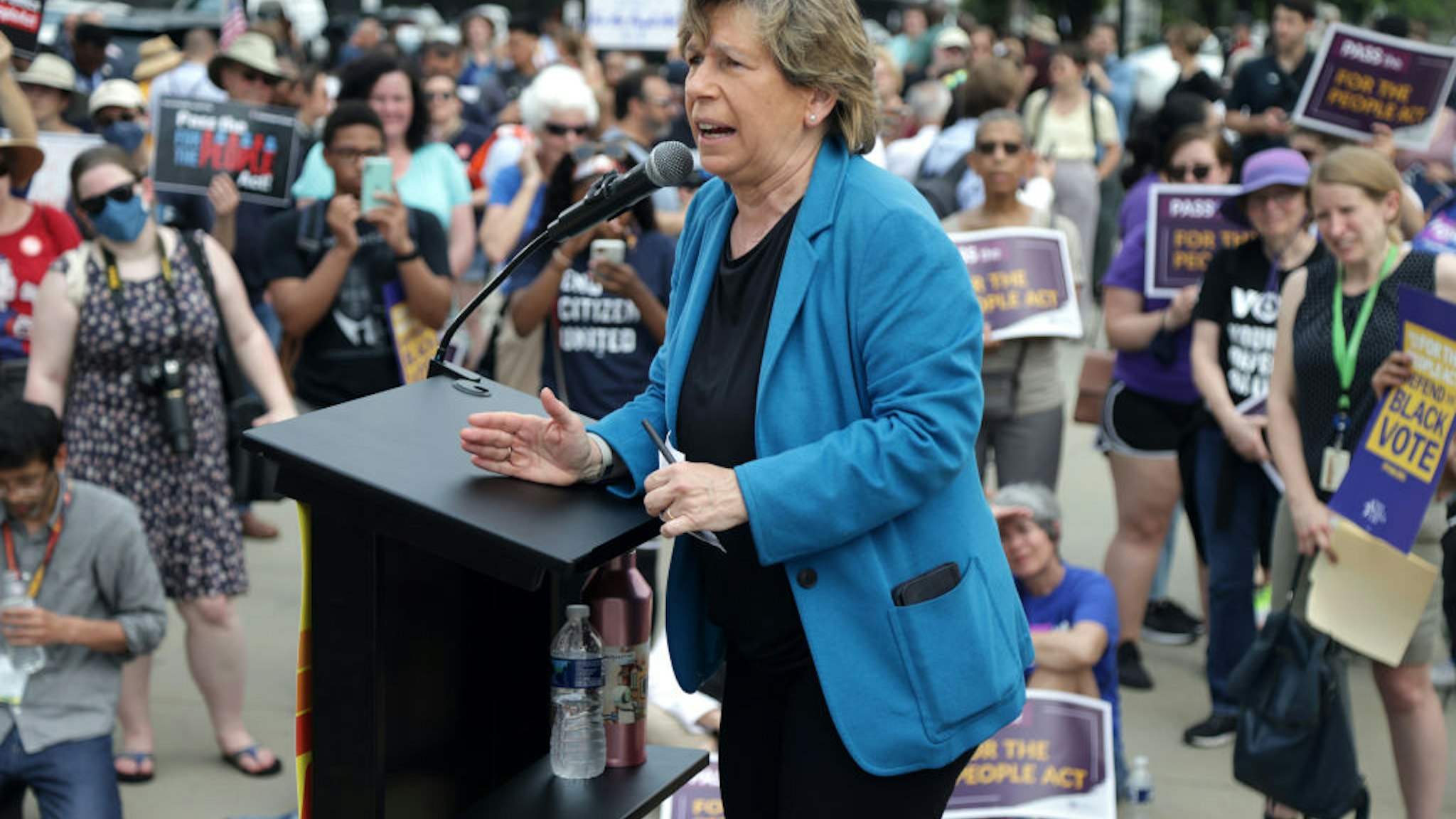 WASHINGTON, DC - JUNE 09: Randi Weingarten, president of the American Federation of Teachers, speaks during a rally in front of the U.S. Supreme Court June 9, 2021 in Washington, DC. People For the American Way (PFAW) and the Declaration for American Democracy coalition held a rally to call on the Senate to pass the For the People Act.