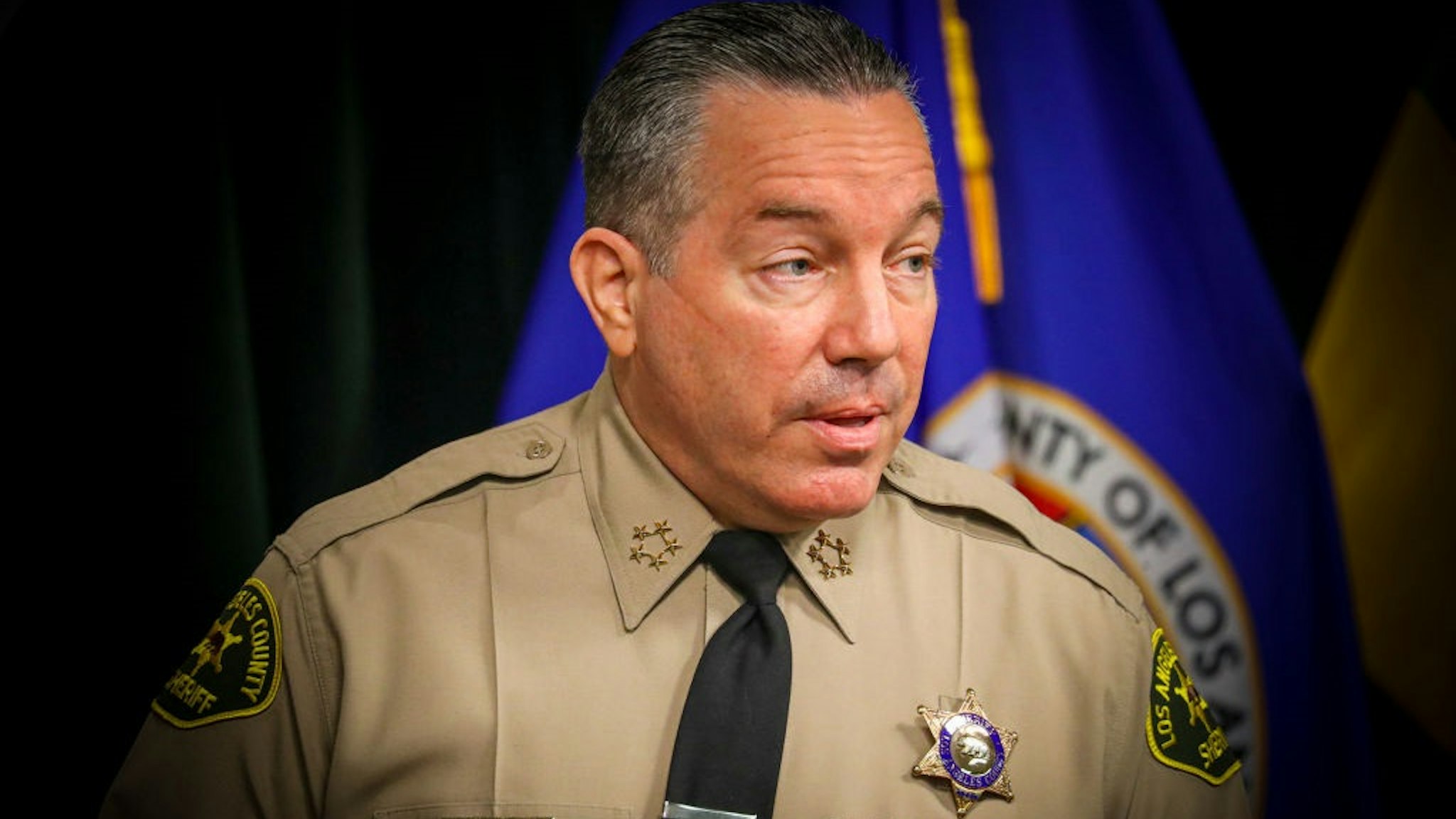 LOS ANGELES, CA - AUGUST 12: Sheriff Alex Villanueva speaks at a news conference to give an update on the fatal shooting by a deputy of Andres Guardado on June 18 near Gardena. in Hall of Justice on Wednesday, Aug. 12, 2020 in Los Angeles, CA.