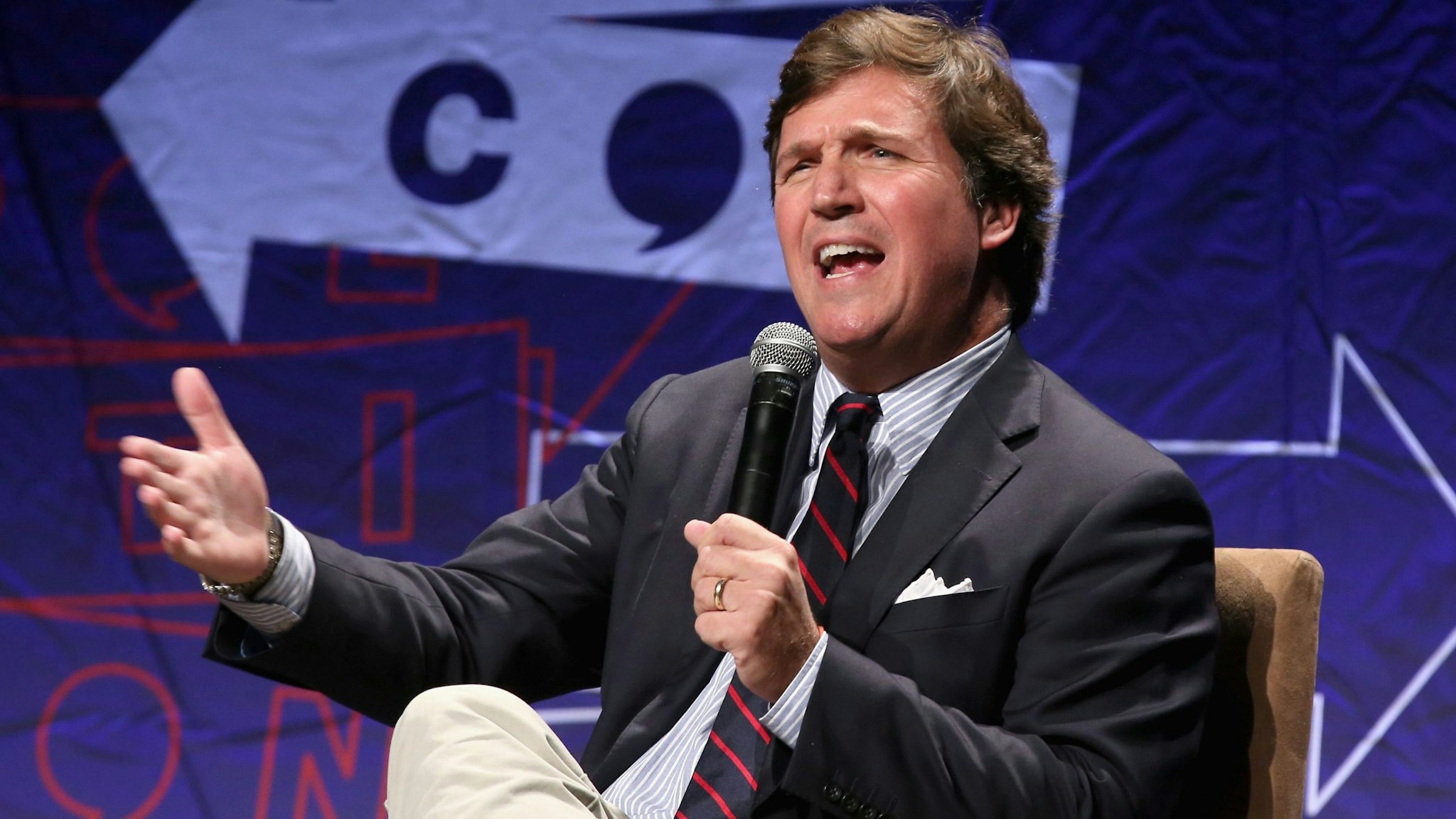 LOS ANGELES, CA - OCTOBER 21: Tucker Carlson speaks onstage during Politicon 2018 at Los Angeles Convention Center on October 21, 2018 in Los Angeles, California.