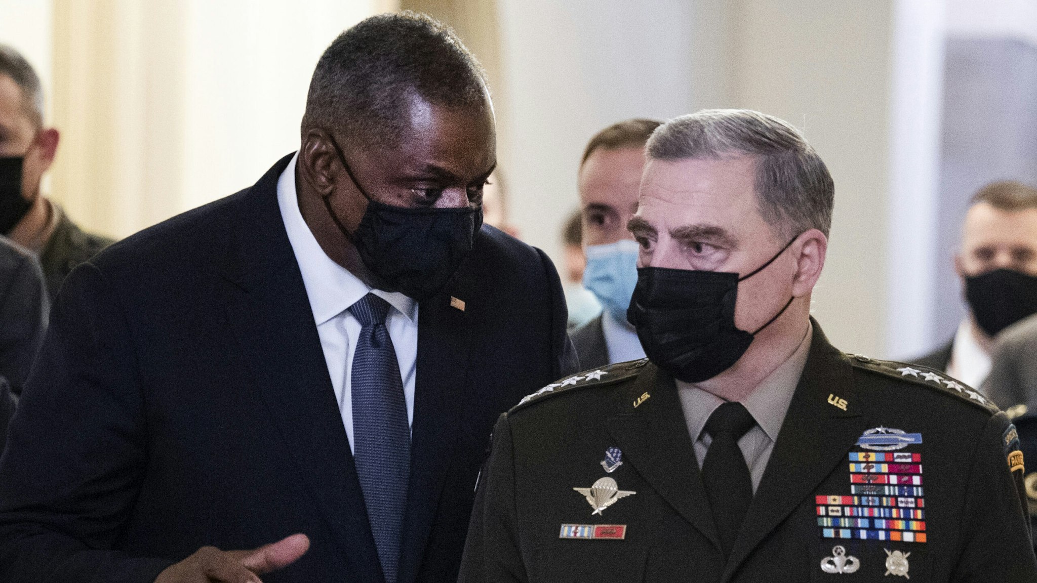 UNITED STATES - AUGUST 24: Chairman of the Joint Chiefs of Staff Gen. Mark Milley, right, and Defense Secretary Lloyd Austin leave the U.S. Capitol after briefing members of Congress on the U.S. withdrawal from Afghanistan on Tuesday, August 24, 2021.