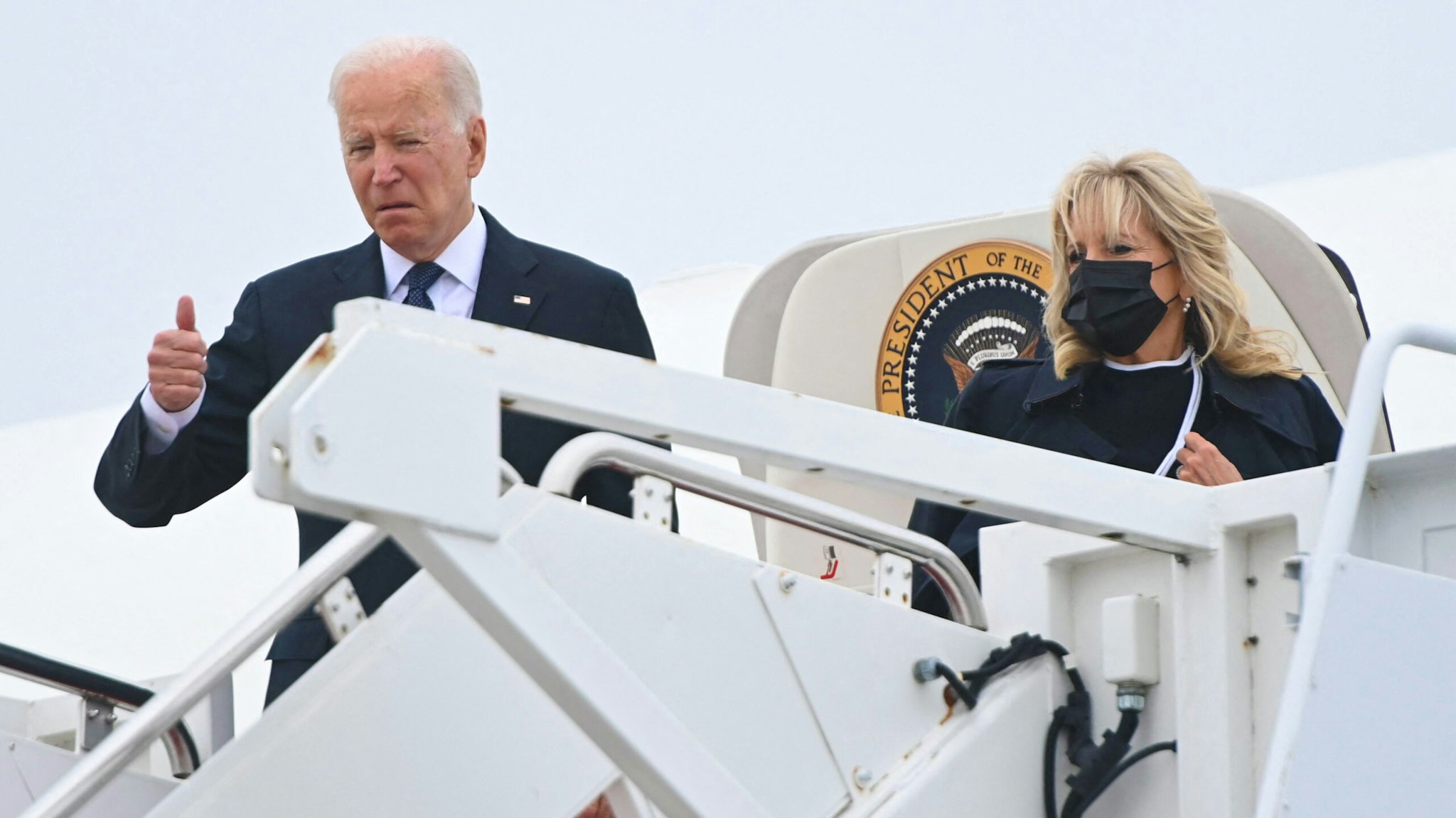 US President Joe Biden boards Air Force One prior to departure from Joint Base Andrews in Maryland, August, 29, 2021. - Biden travels to Dover Air Force Base in Delaware to attend the dignified transfer of the 13 members of the US military killed in Afghanistan last week.