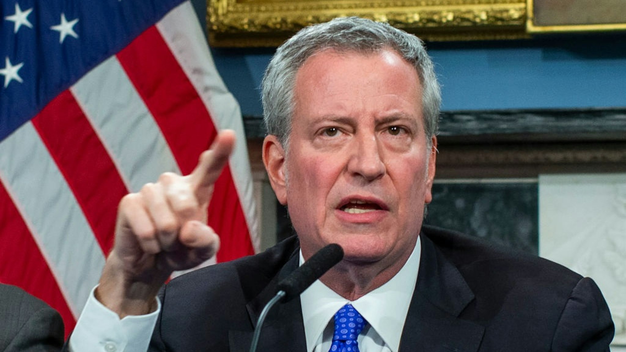 NEW YORK, NY - JANUARY 03: New York Mayor Bill de Blasio speaks to the media during a press conference at City Hall on January 3, 2020 in New York City.