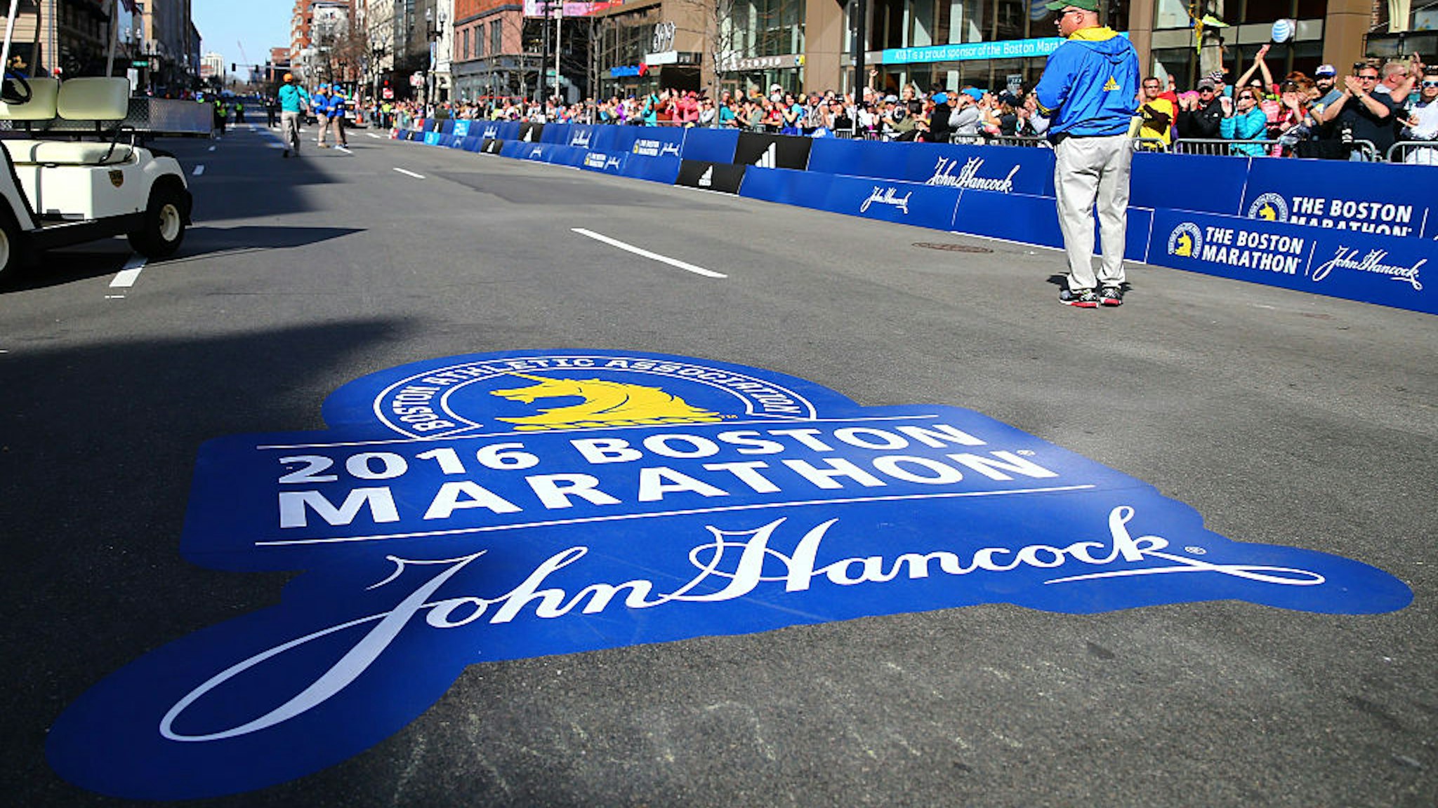 BOSTON, MA - APRIL 18: A general view of the Marathon logo near the finish line during the 120th Boston Marathon on April 18, 2016 in Boston, Massachusetts. (Photo by Maddie Meyer/Getty Images)
