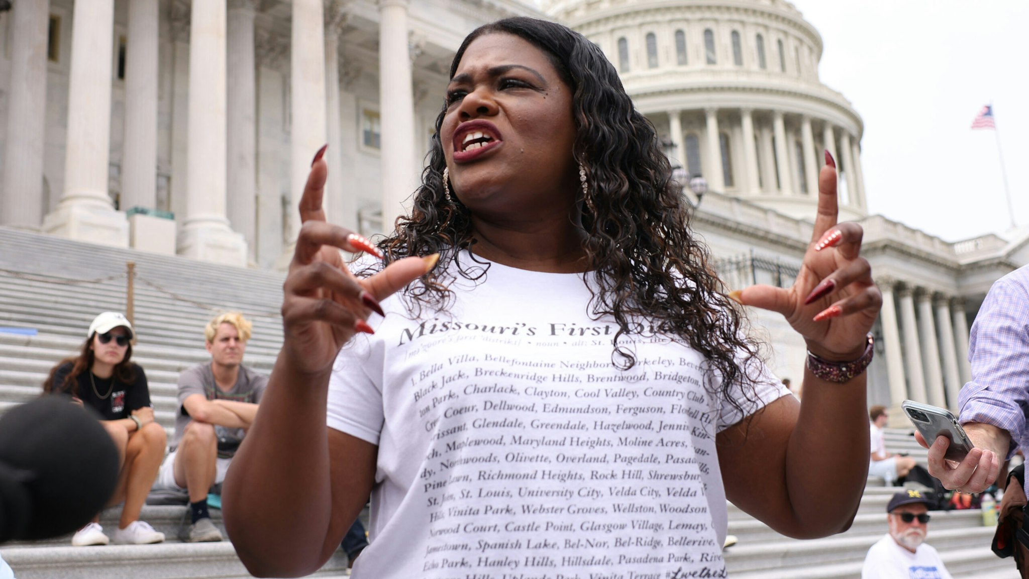 WASHINGTON, DC - AUGUST 03: Rep. Cori Bush (D-MO) speaks about the end of the eviction moratorium at the U.S. Capitol on August 03, 2021 in Washington, DC. Bush, and other Representatives, have been sleeping on and occupying the House steps in protest of their House colleagues adjourning for August recess without passing an extension of the eviction moratorium.