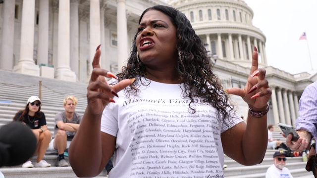 WASHINGTON, DC - AUGUST 03: Rep. Cori Bush (D-MO) speaks about the end of the eviction moratorium at the U.S. Capitol on August 03, 2021 in Washington, DC. Bush, and other Representatives, have been sleeping on and occupying the House steps in protest of their House colleagues adjourning for August recess without passing an extension of the eviction moratorium.