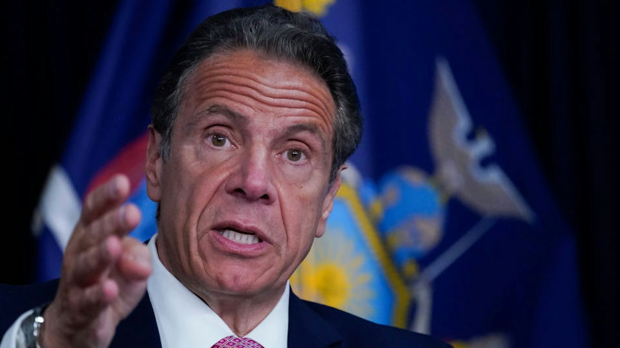 NEW YORK, NEW YORK - MAY 10: New York Gov. Andrew Cuomo speaks during a news conference on May 10, 2021 in New York City. It was announced that both SUNY and CUNY will require students to get COVID-19 vaccines before the next academic year.