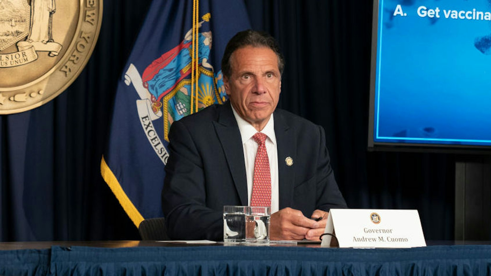NEW YORK, UNITED STATES - 2021/08/02: Governor Andrew Cuomo holds press briefing and makes announcement to combat COVID-19 Delta variant at 633 3rd Avenue. Governor announced that employees of MTA (Metropolitan Transportation Authority) and New York Port Authority will be required to get vaccinated or be tested weekly starting Labor Day in order to get to work. He also urged private employers to follow the state.