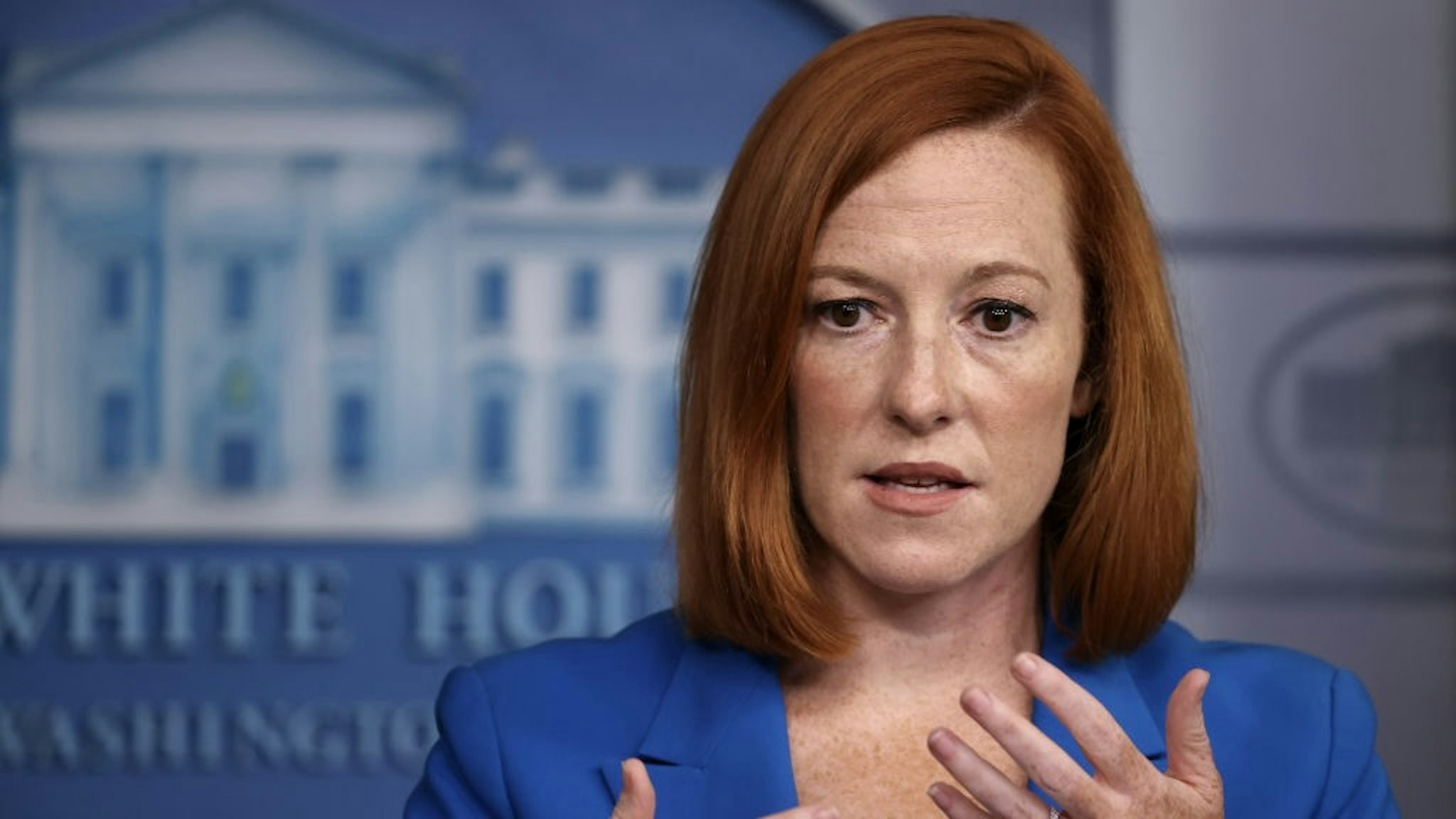 White House Press Secretary Jen Psaki Holds Daily Briefing WASHINGTON, DC - AUGUST 30: White House Press Secretary Jen Pskai talks to reporters during the daily news conference in the Brady Press Briefing Room at the White House on August 30, 2021 in Washington, DC. Psaki fielded questions about Hurricane Ida, the ongoing pull out of U.S. military forces and their allies from Afghanistan and other topics. (Photo by Chip Somodevilla/Getty Images) Chip Somodevilla / Staff via Getty Images