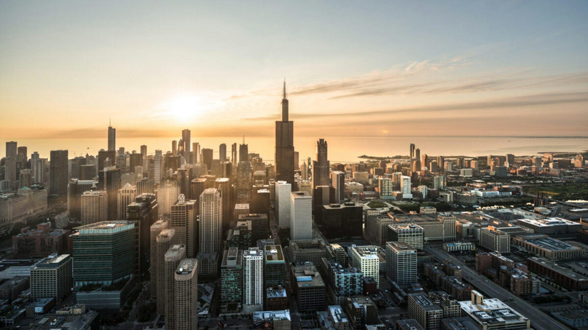 Aerial shot of Chicago waterfront at sunrise.